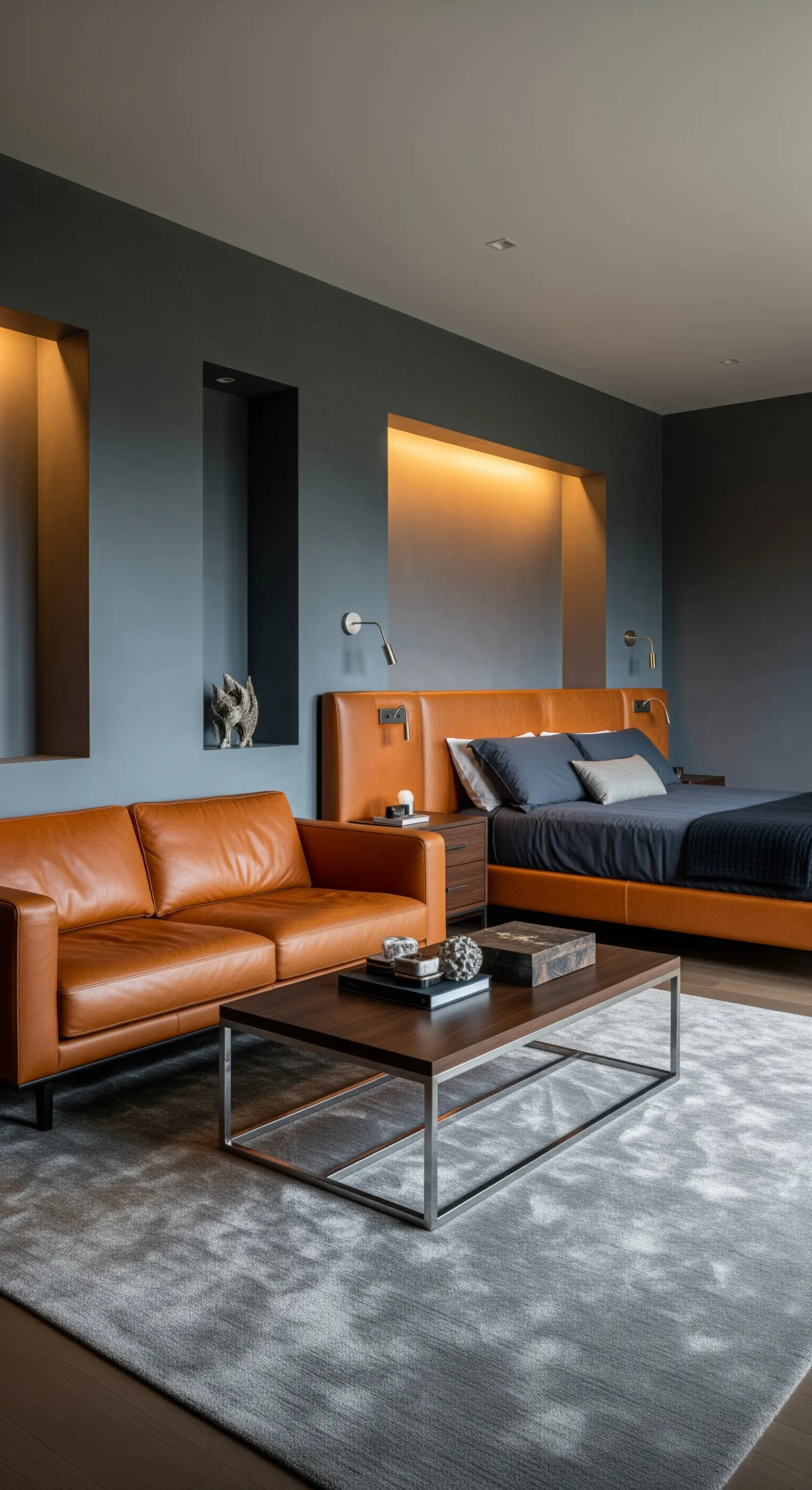 Modernes dunkles Schlafzimmer mit einer cognacfarbenen Ledercouch, die in das Kopfteil übergeht.