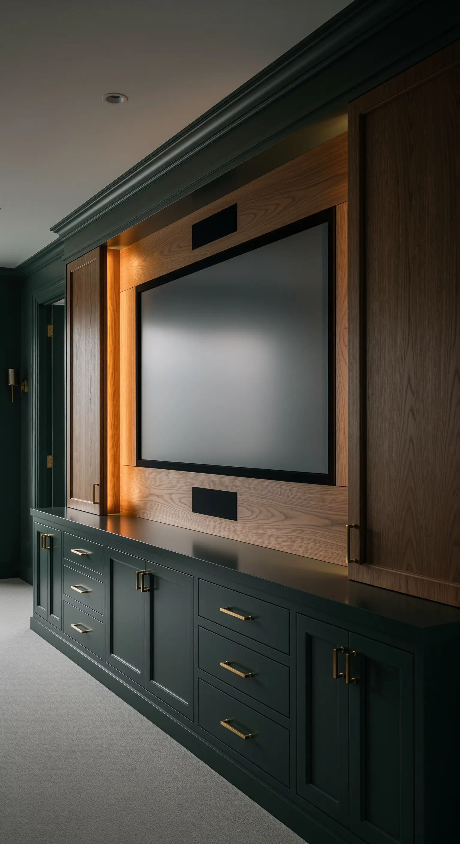Grüne Medienwand mit integriertem TV, Holzakzente, Messinggriffe