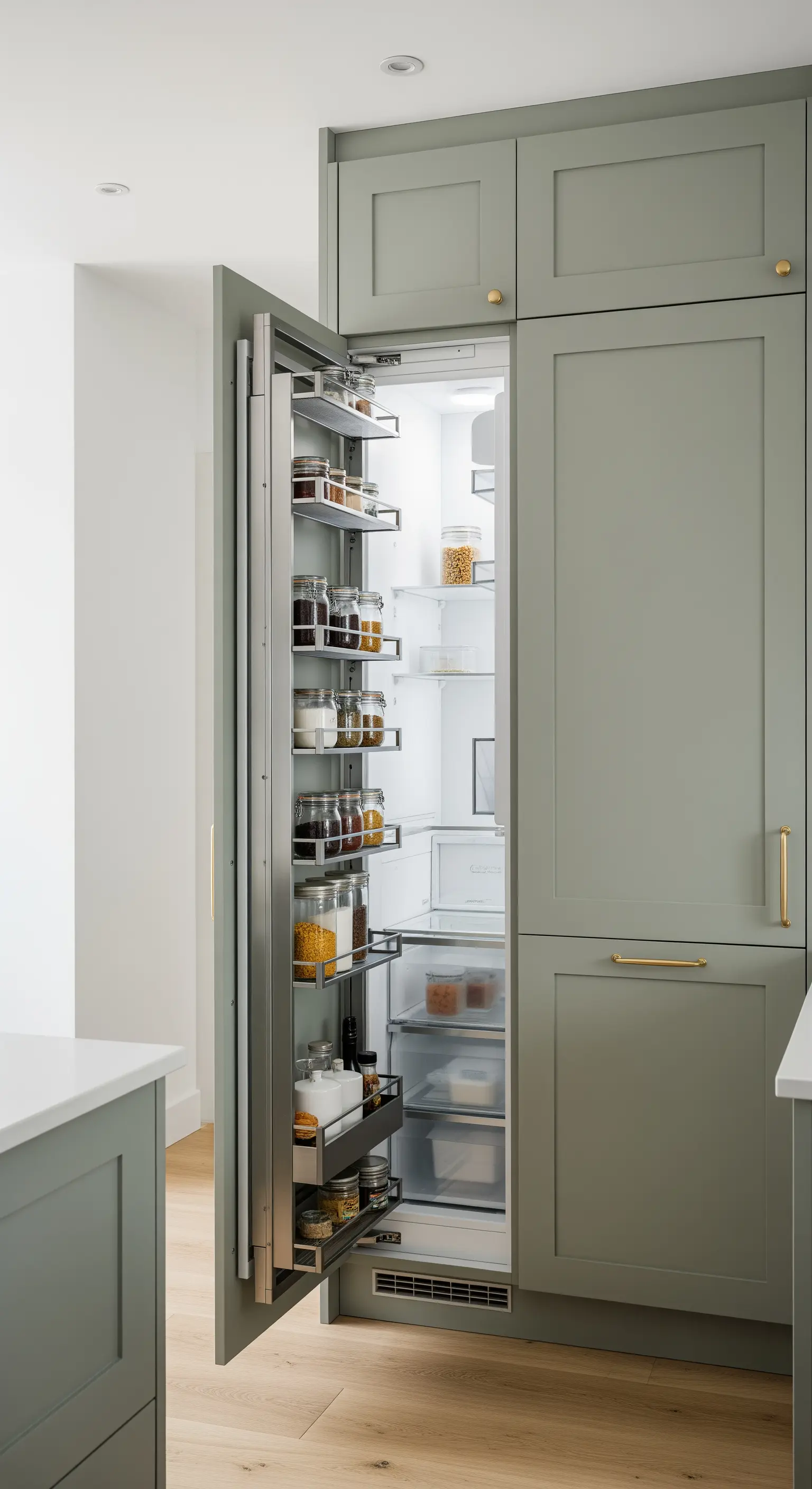 In die Schranktür integrierte Regale zur organisierten Aufbewahrung von Gewürzen und Gläsern.