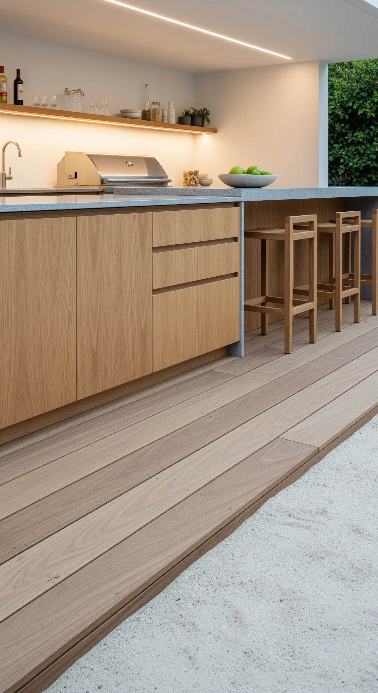 Japandi Outdoor-Küche mit Holzschränken und Betonarbeitsplatte