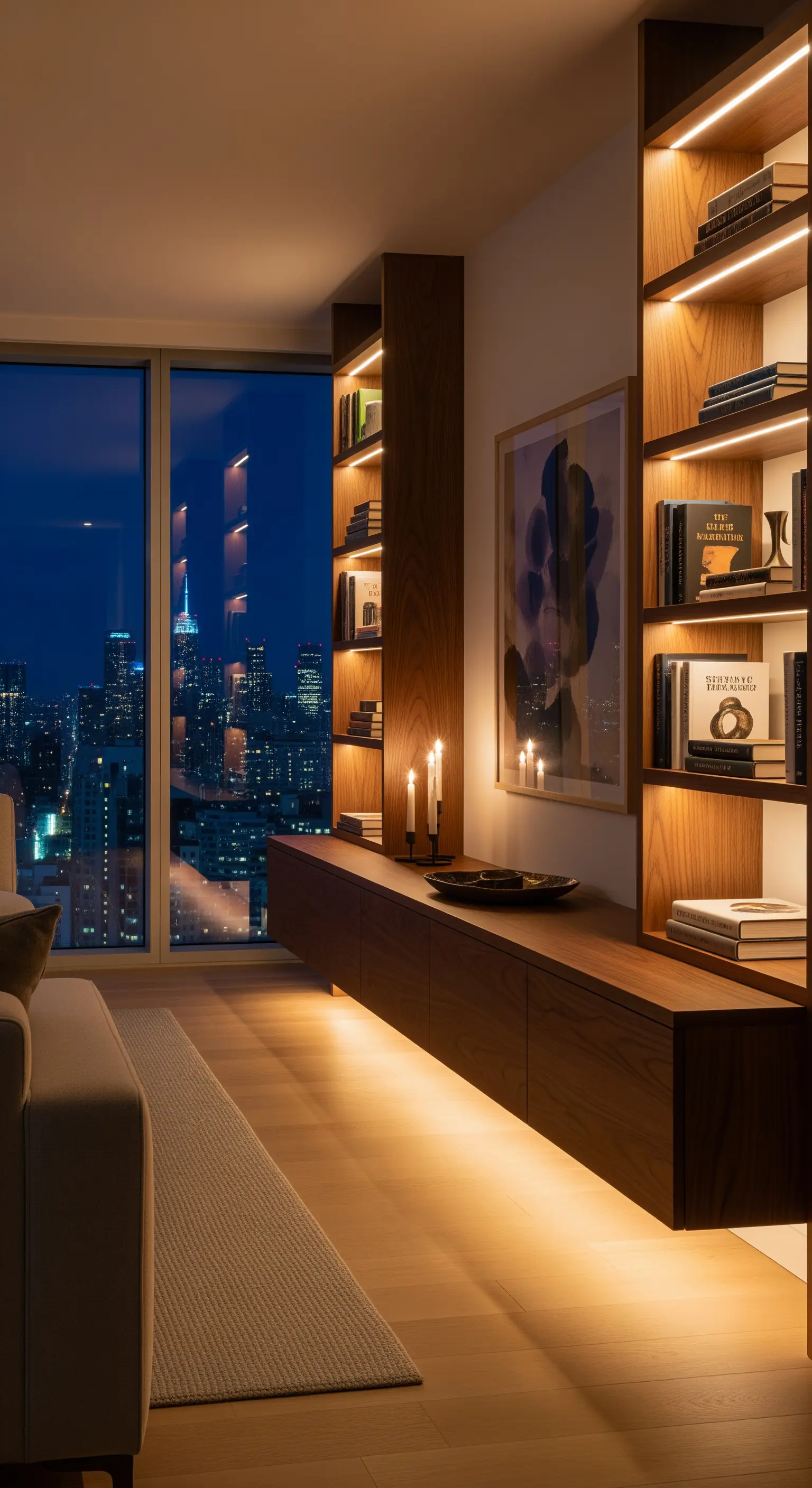 Modernes Bücherregal mit integrierter LED-Beleuchtung und Blick auf eine nächtliche Skyline