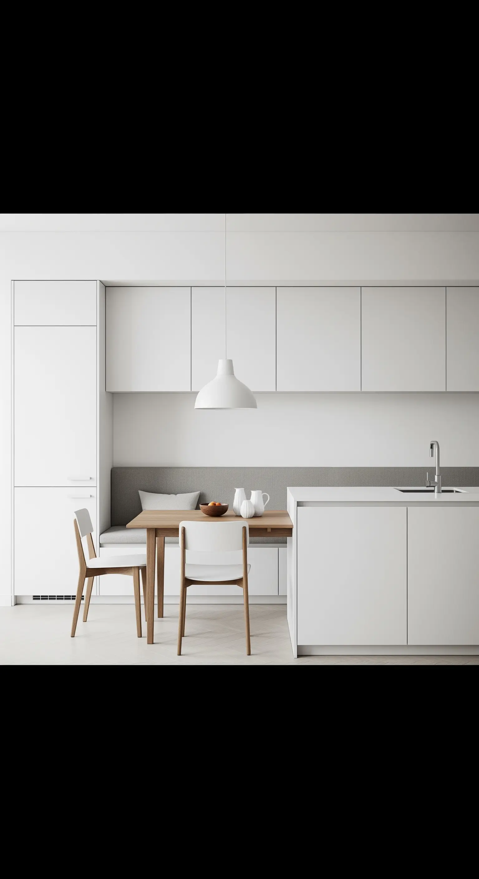 Weiße Küche mit einer integrierten grauen Sitzbank und einem kleinen Esstisch