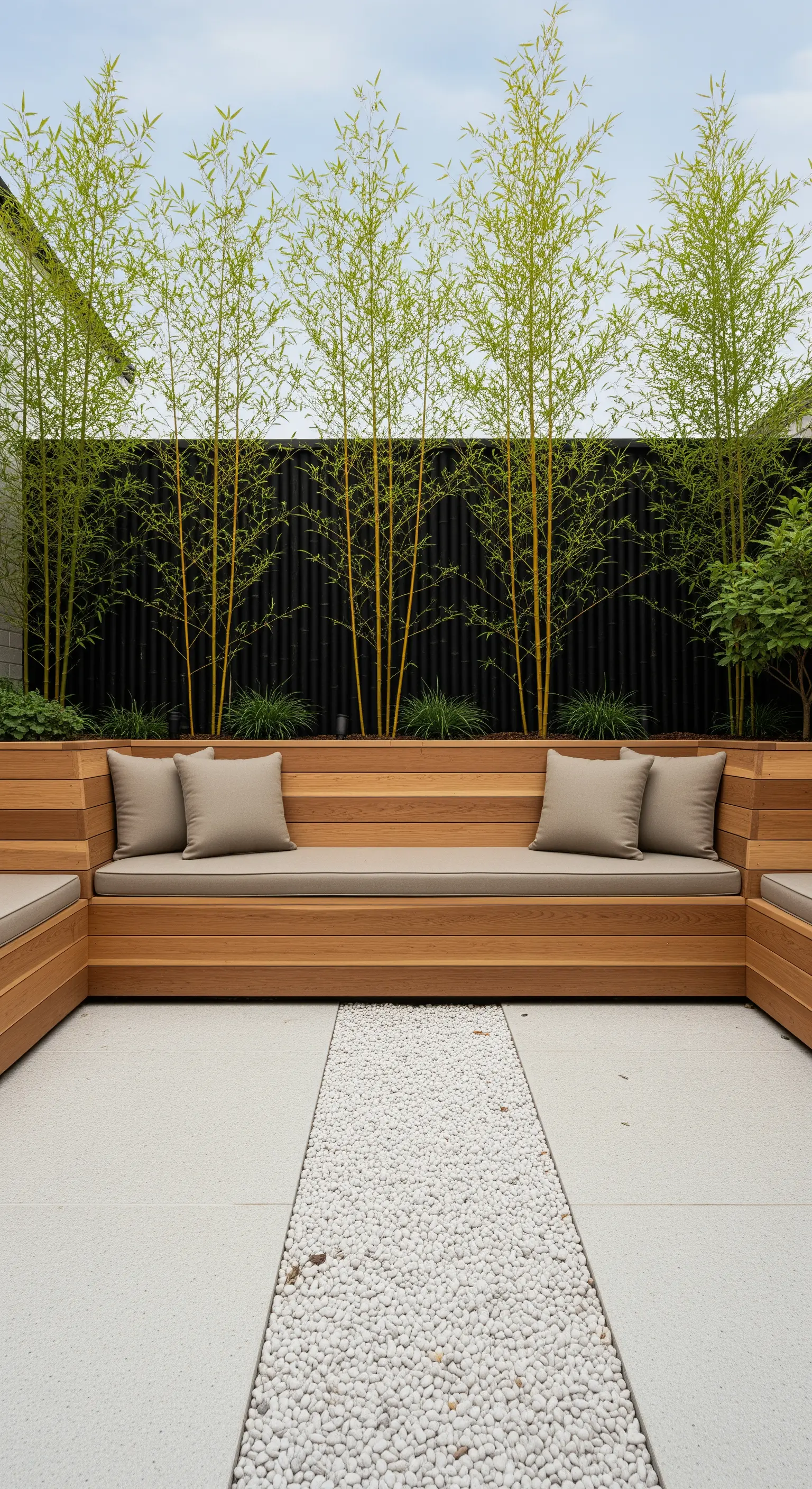 Eingebauter Holz-Sitzbereich mit Kissen und Bambuswand im Japandi-Stil