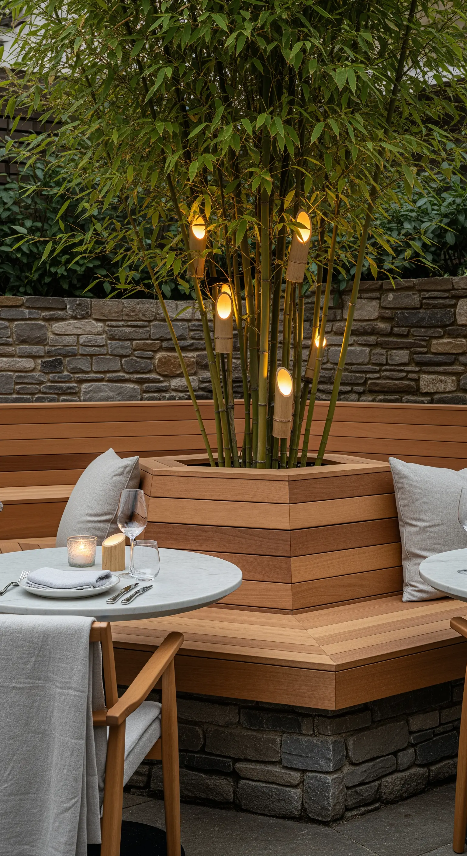 Outdoor-Essbereich mit integrierter Holzbank, Bambuspflanzer und kleinen Tischen