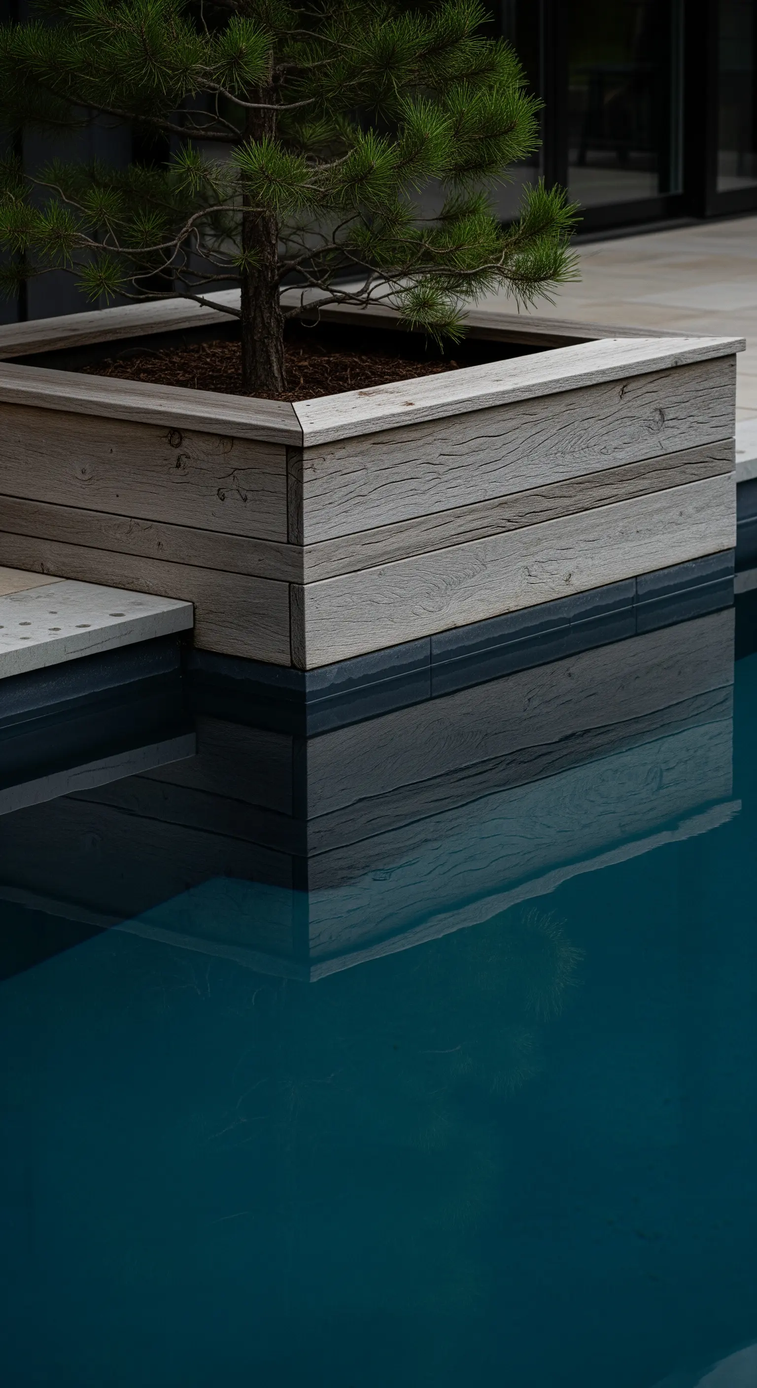 Integrierter Holzkübel mit kleinem Nadelbaum direkt am Poolrand