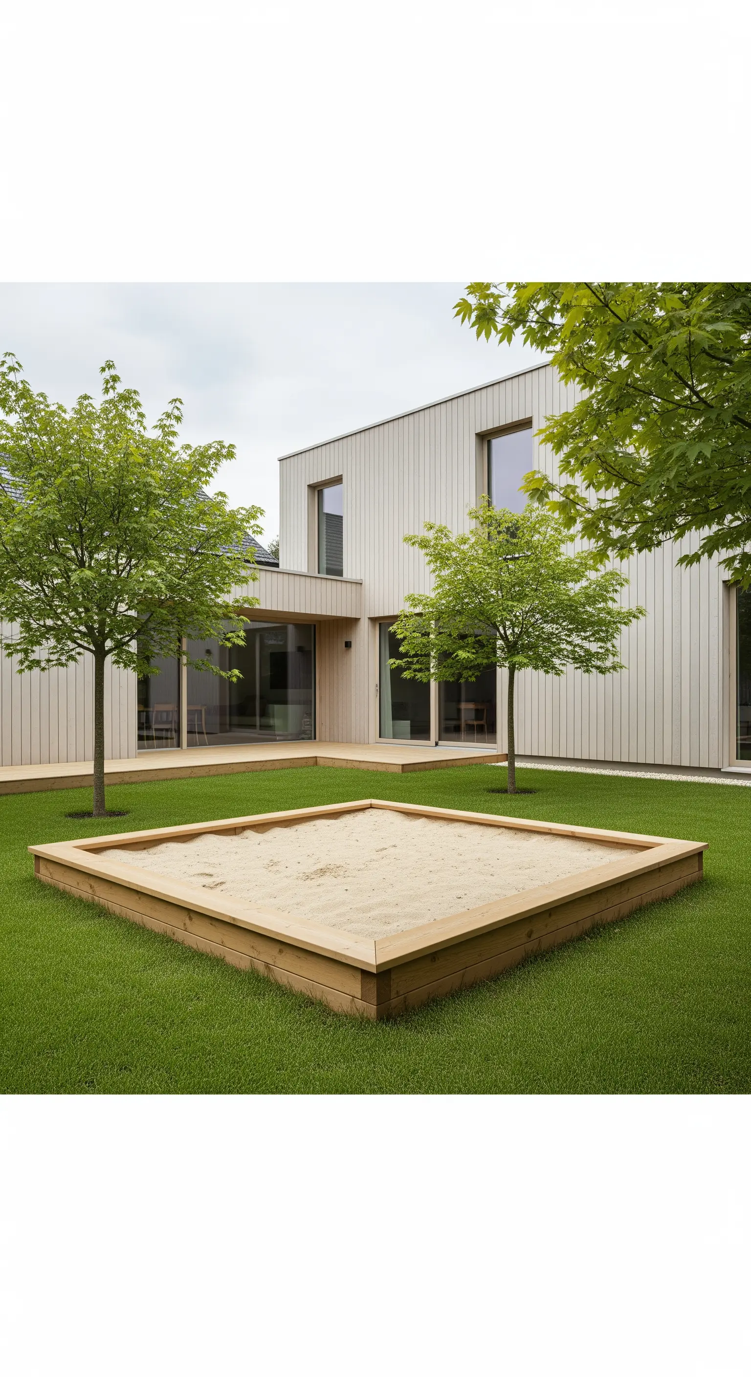 Japandi-Garten mit integriertem Sandkasten und Holzrahmen