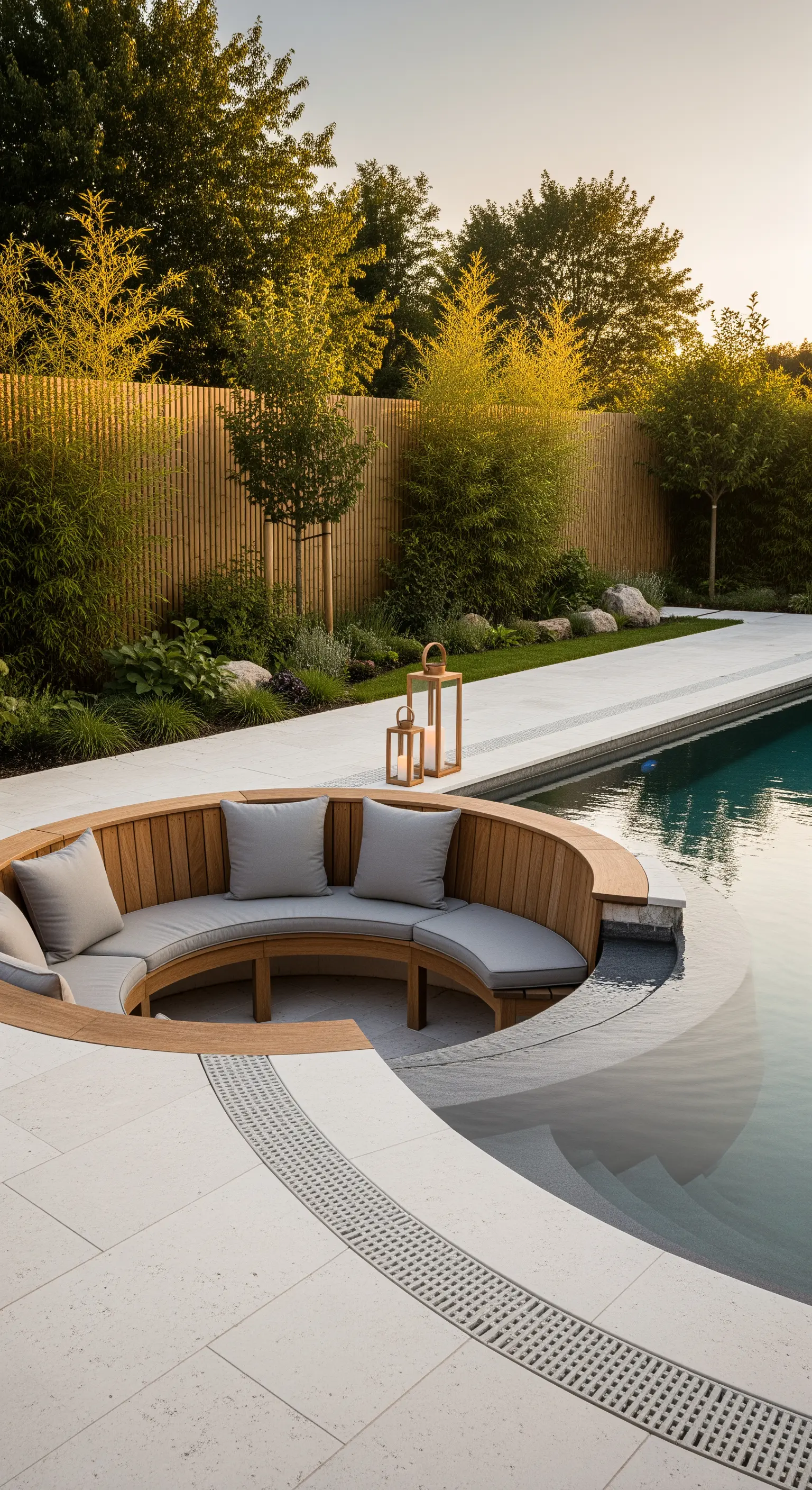 Geschwungene Holzbank mit Polstern am Poolrand, Steinplatten, Holzlaterne