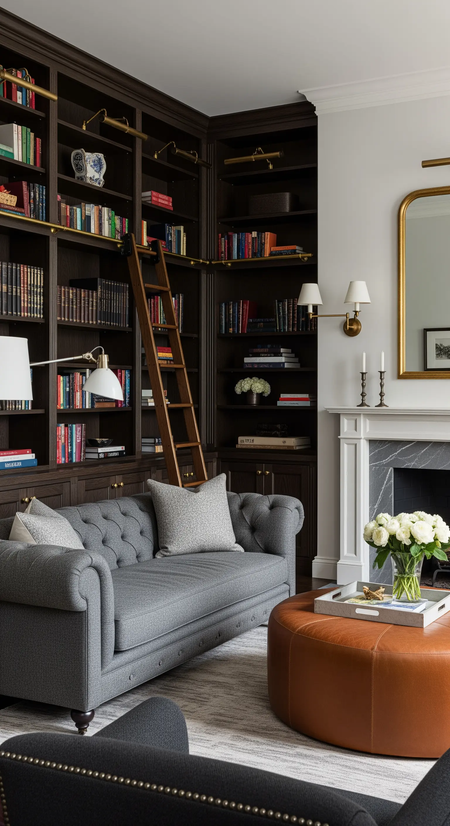 Wohnzimmer-Bibliothek mit dunklen Bücherregalen und grauem Chesterfield-Sofa.