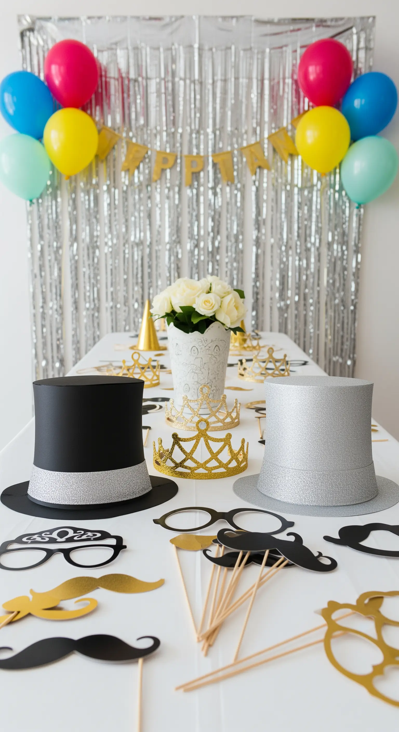 Ein Tisch voller DIY-Partyhüte, Kronen und Foto-Requisiten aus Papier.