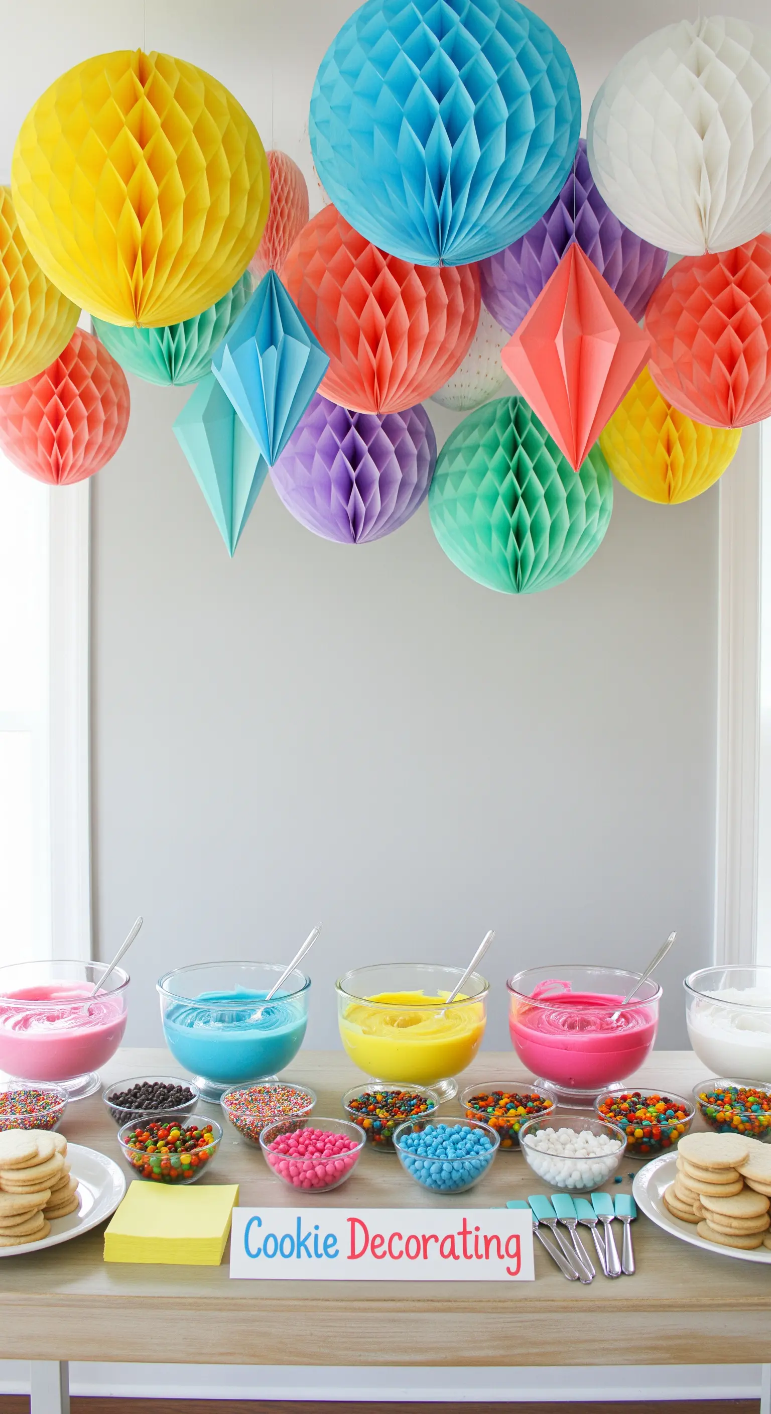 Keks-Dekorationsstation mit bunten Glasuren und Streuseln für Kinder.
