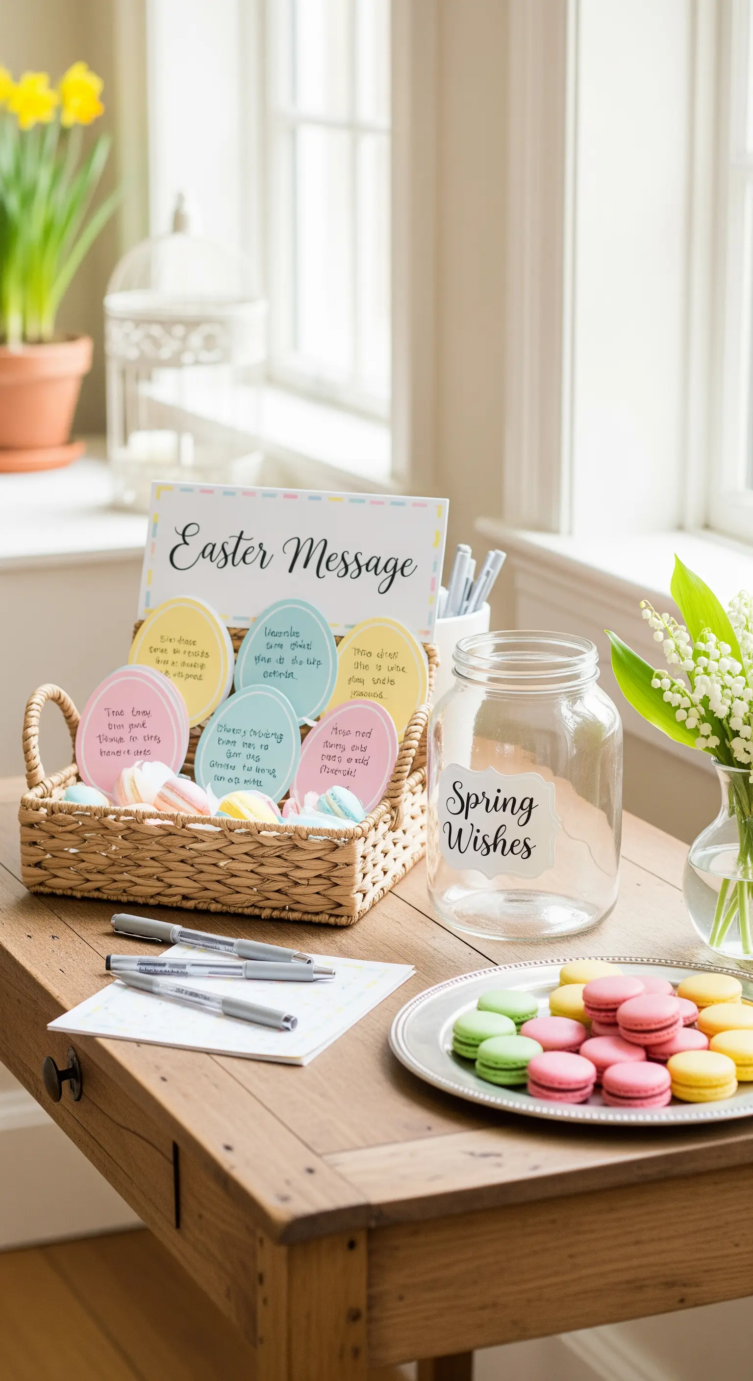 Korb mit Osterbotschaft-Kärtchen, 'Spring Wishes'-Glas und Macarons