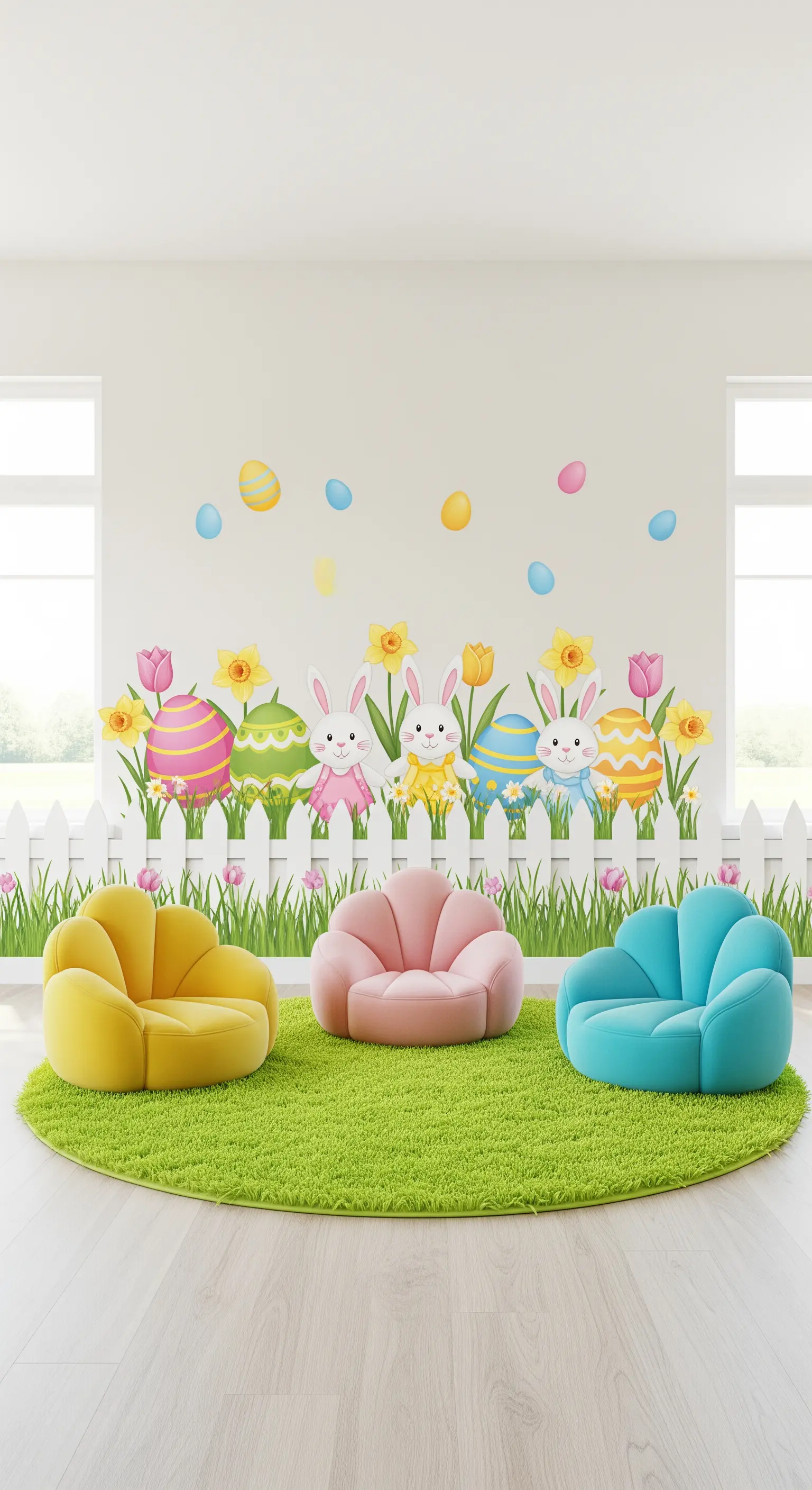 Kids' room with an Easter wall decal, colorful floor chairs, and a green rug.