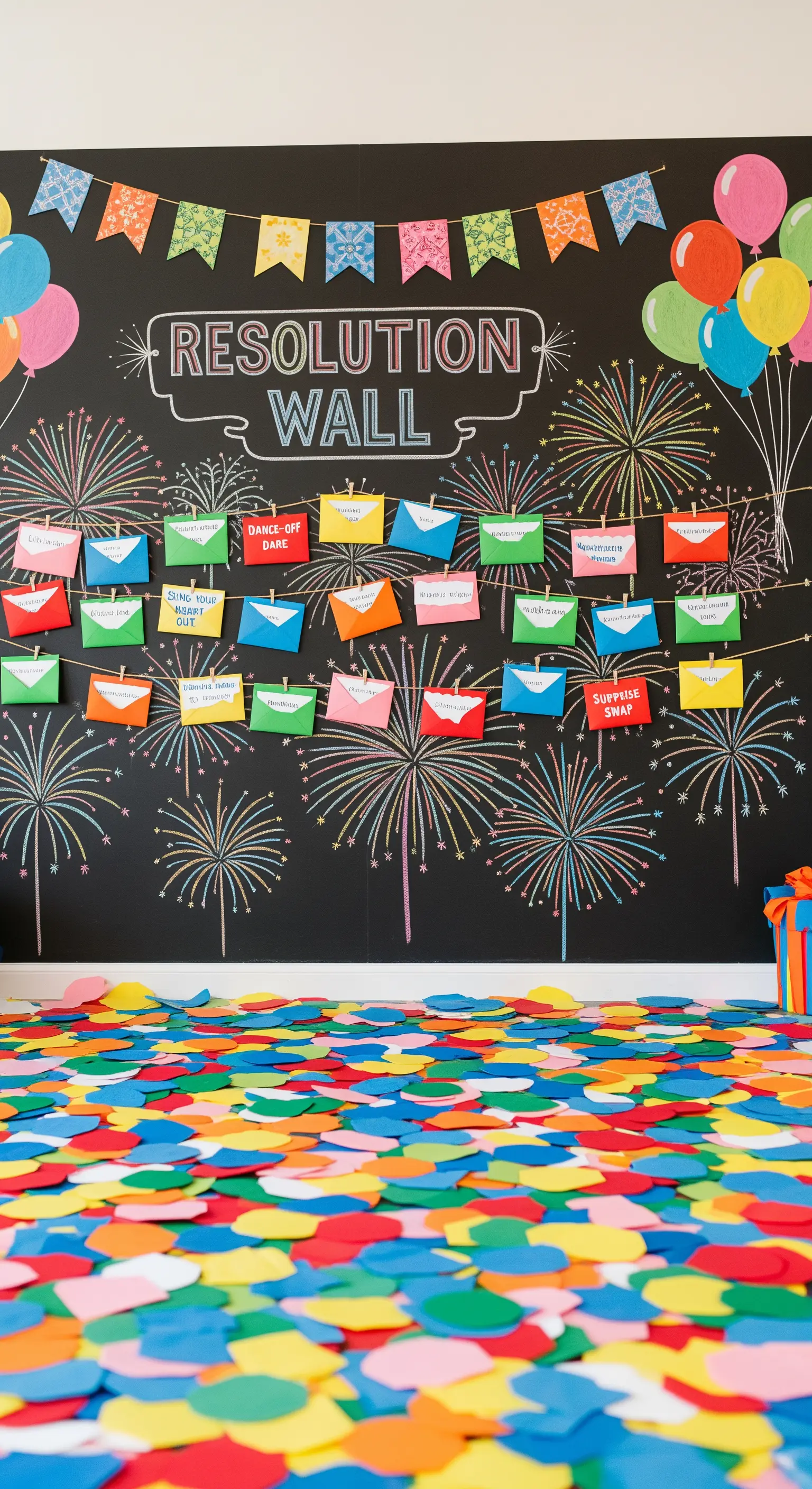 Neujahrs-Vorsatz-Wand mit bunten Umschlägen und Konfetti am Boden.