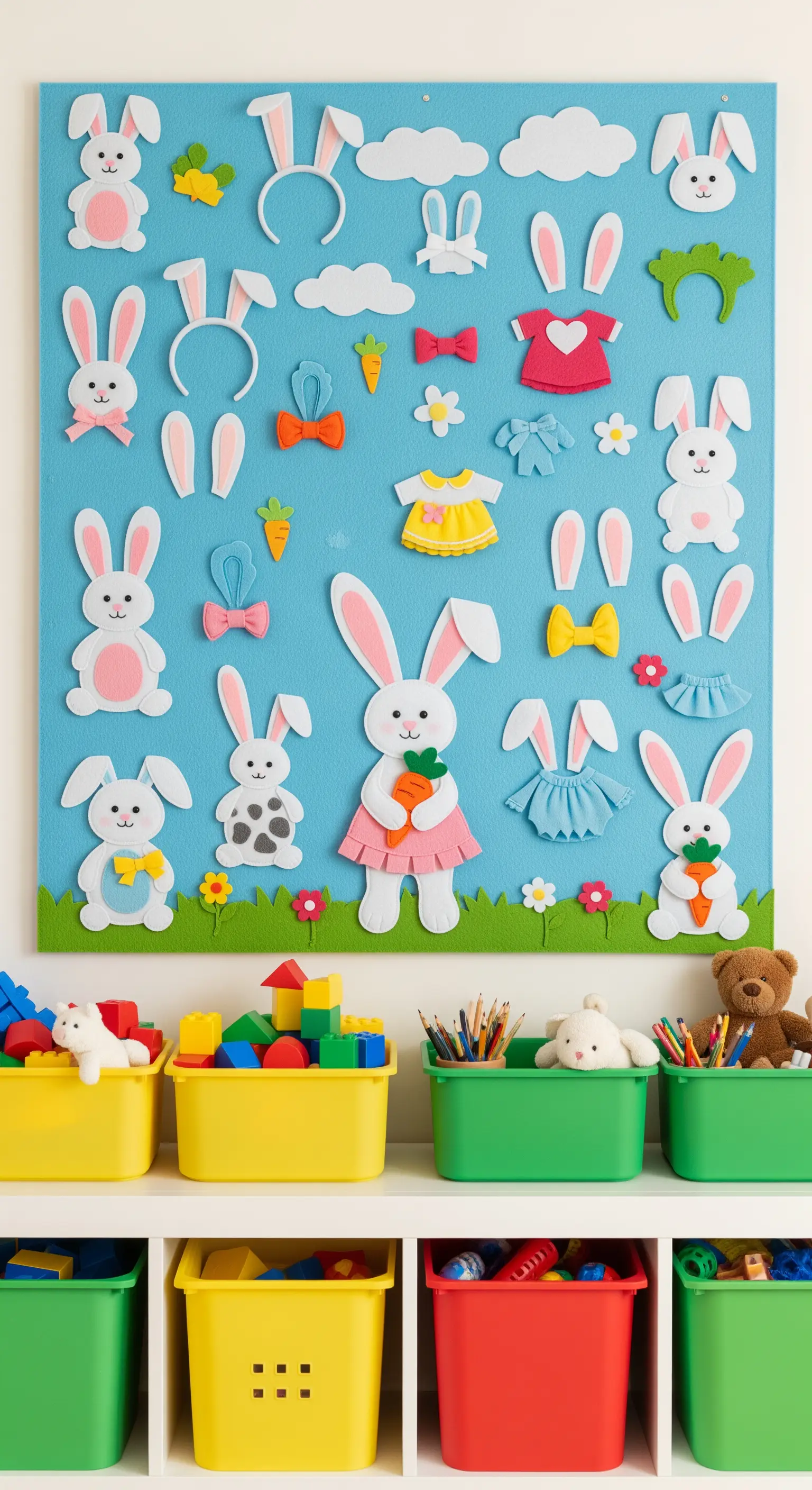 Filzbrett mit Hasenfiguren und Ankleide-Accessoires für Kinder