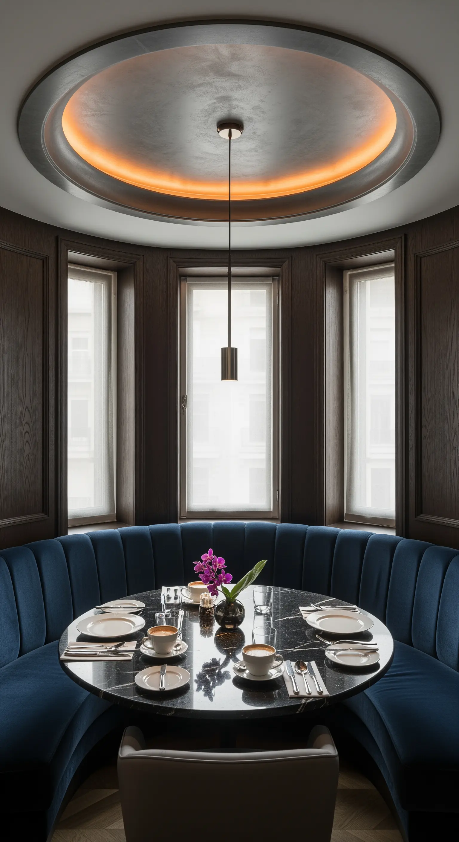 Frühstücksecke mit kreisförmiger Deckenbeleuchtung, blauer Sitzbank und Marmortisch