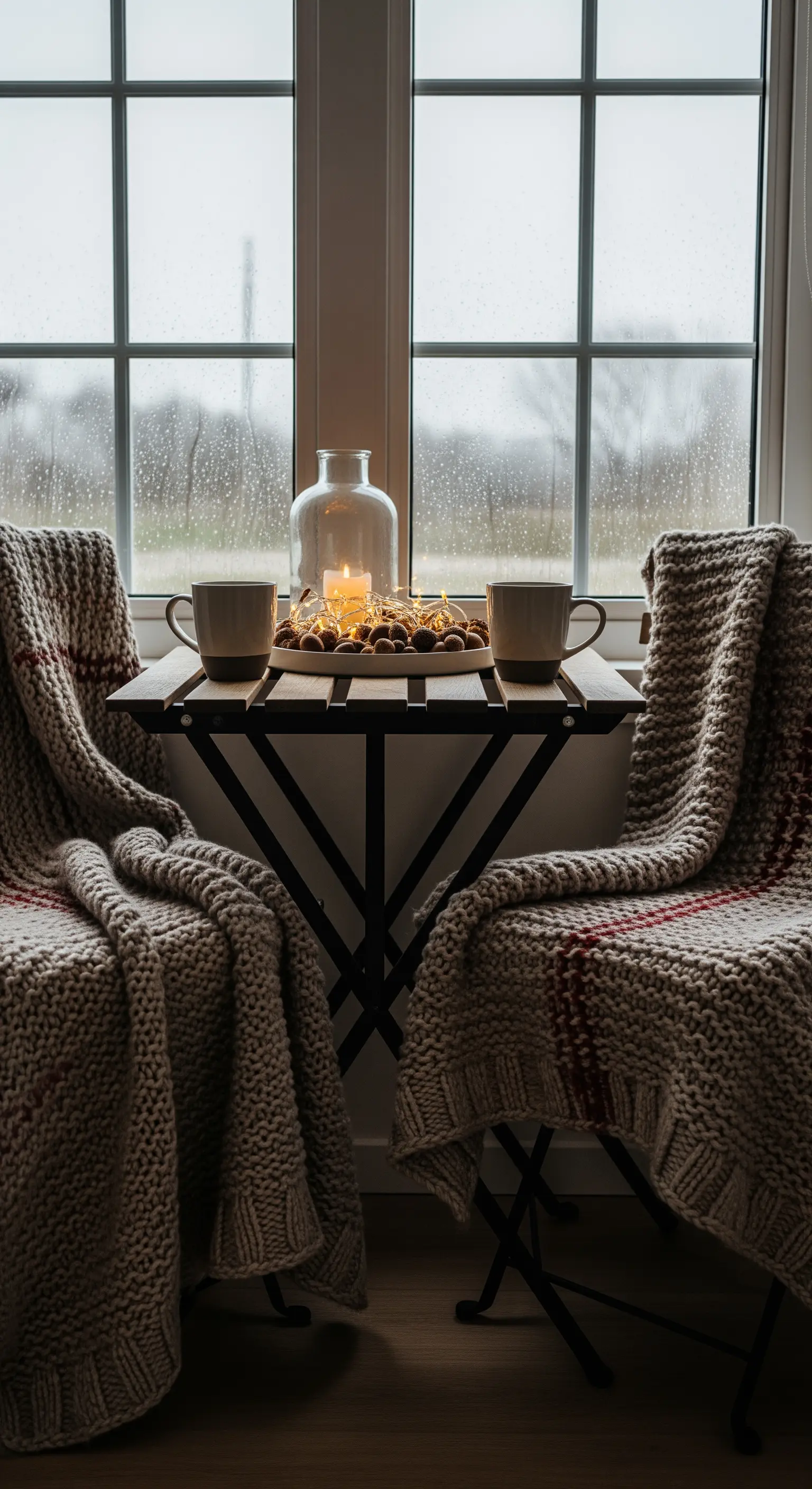 Kuschelecke am Fenster, Strickplaids, Kerze, Nüsse, Lichterketten, gemütliche Herbststimmung.