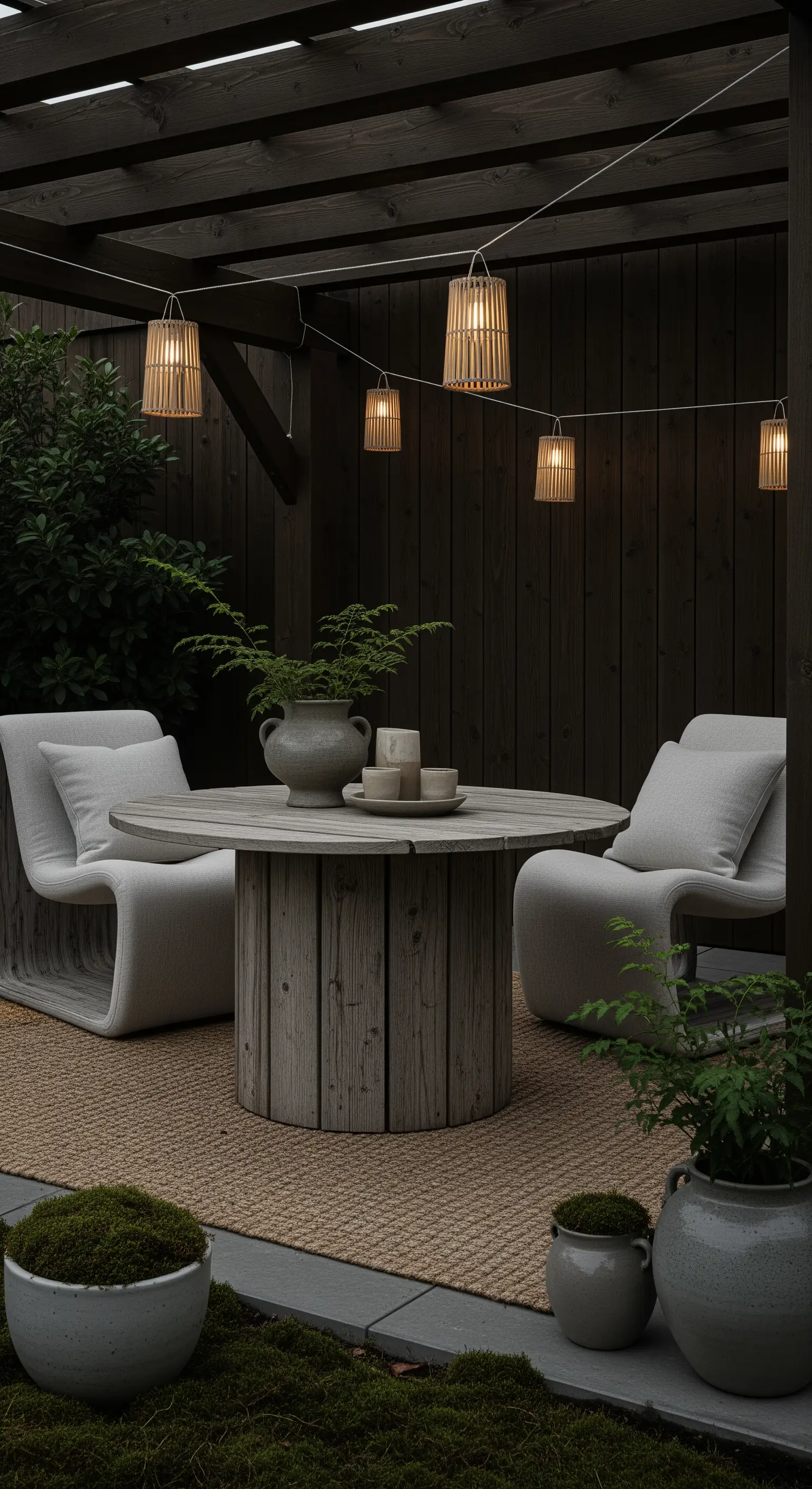 Outdoor Lounge mit runden Tisch, Rattan-Lichterkette und neutralen Sesseln