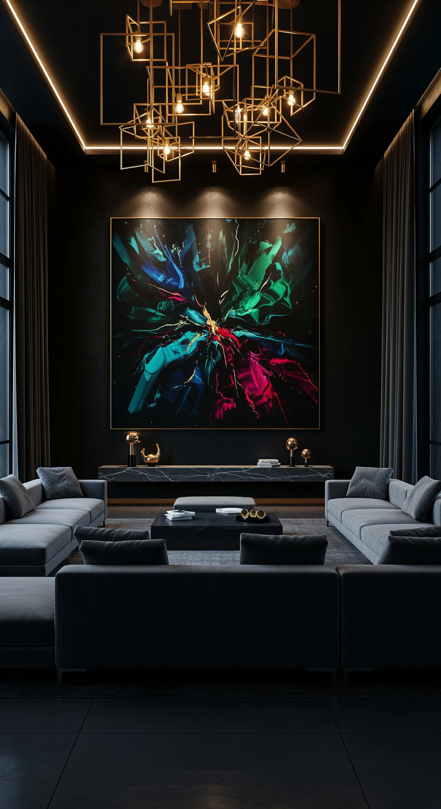 Porträtzeichnung in beleuchteter Nische mit Vorhängen