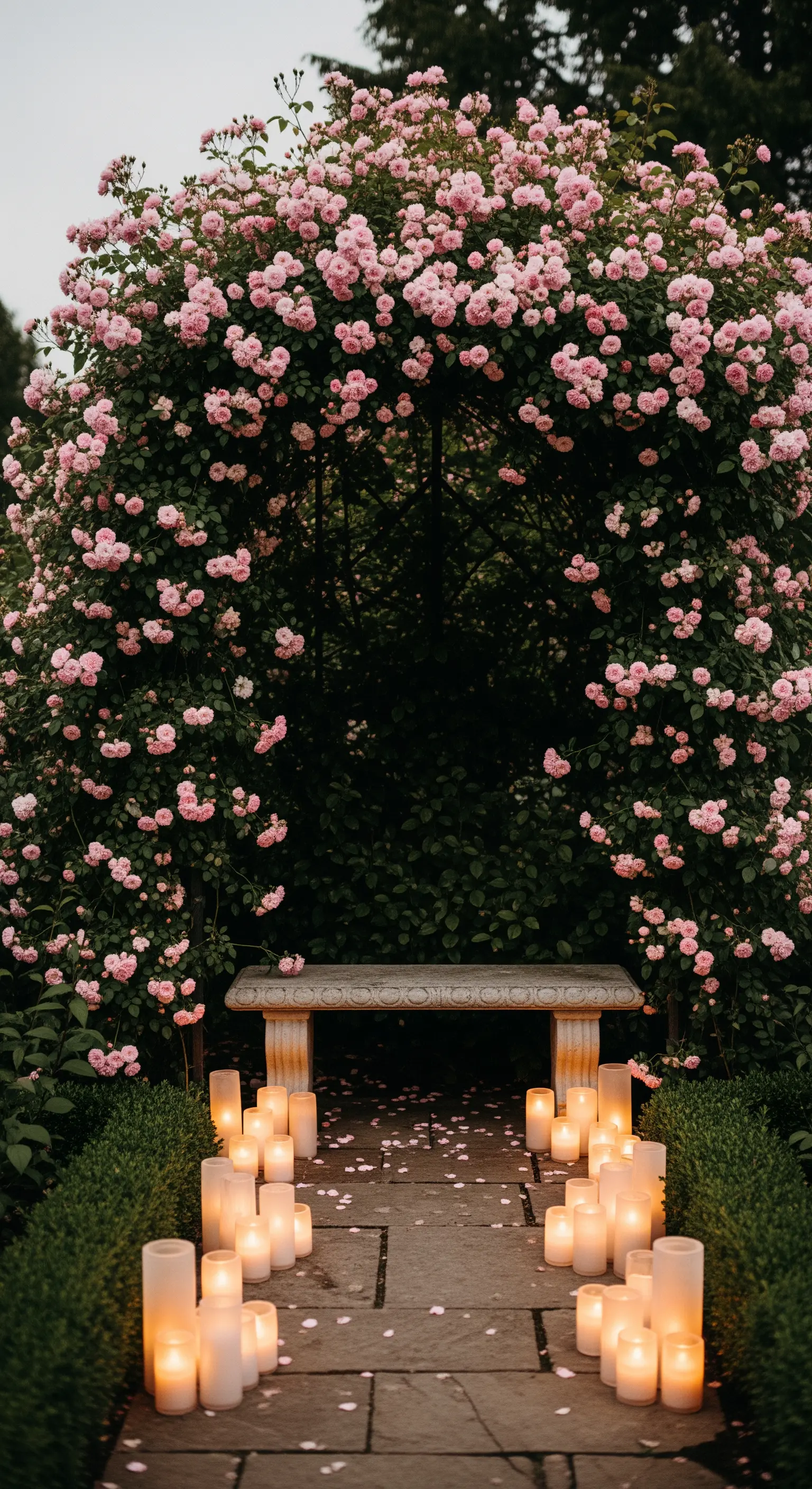 Rosennische mit Steinbank, rosa Rosenbogen und Kerzenpfad auf Steinplatten