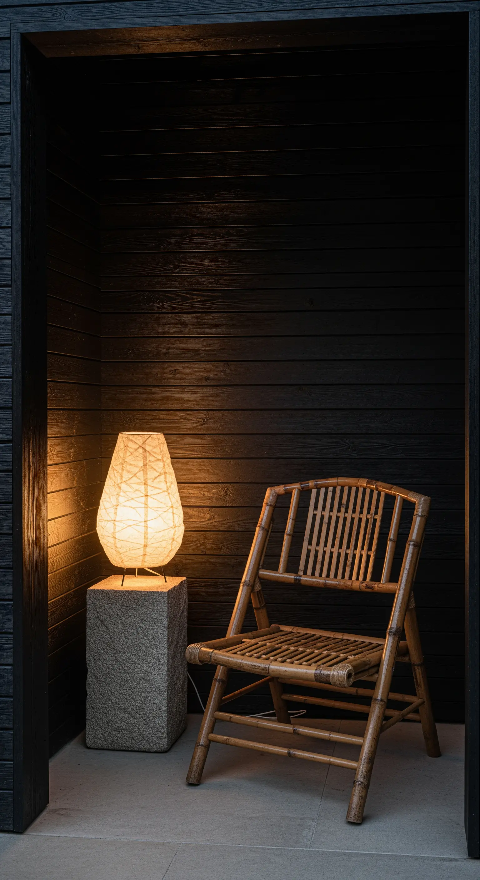 Intime Sitznische mit dunkler Holzverkleidung, Bambusstuhl und Papierlaterne auf Steinpodest