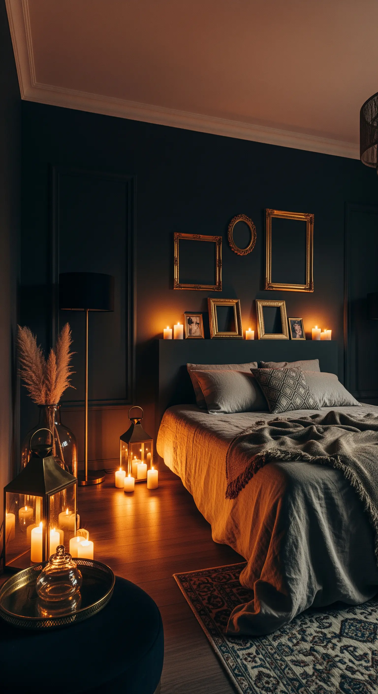 Dunkles, romantisches Schlafzimmer, das ausschließlich von vielen Kerzen erleuchtet wird.
