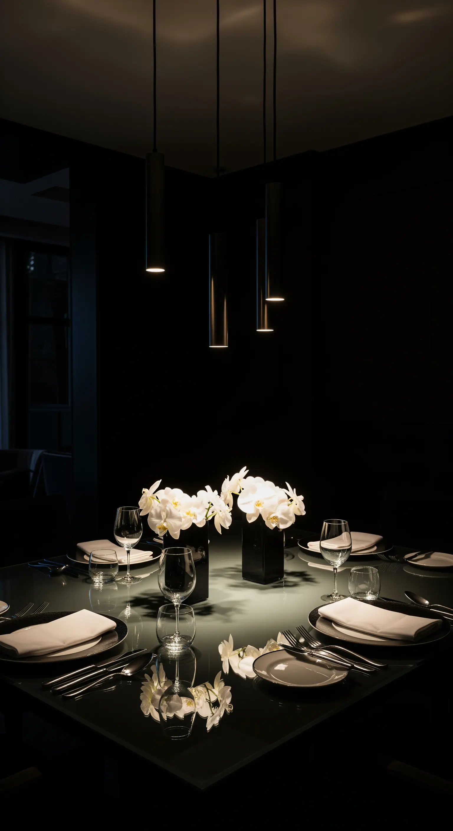 Esstisch mit mehreren schmalen Pendelleuchten, die den Tisch und weiße Orchideen beleuchten