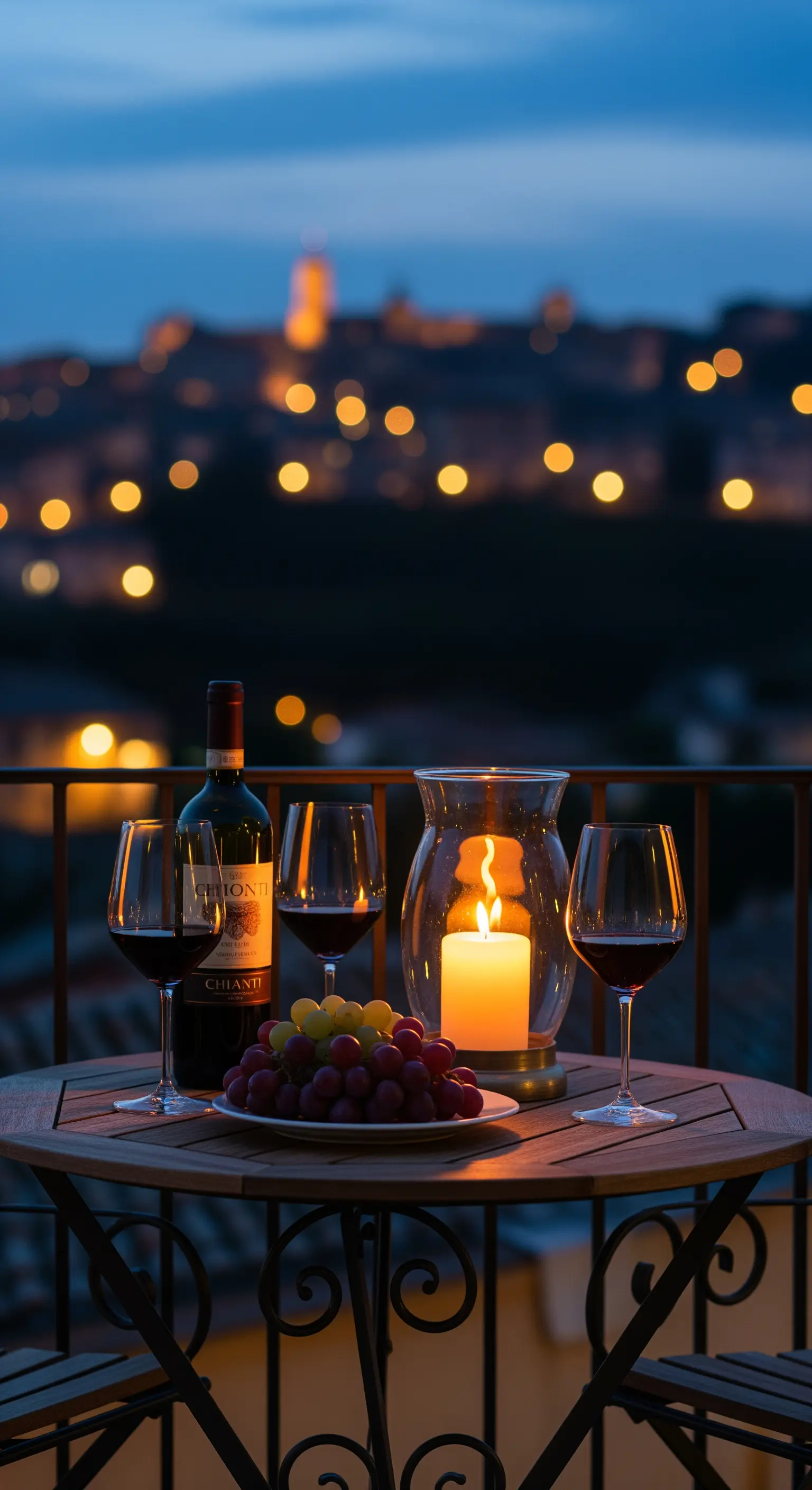 Balkontisch mit Wein, Trauben und Windlicht mit Kerze, Blick auf Stadtlichter