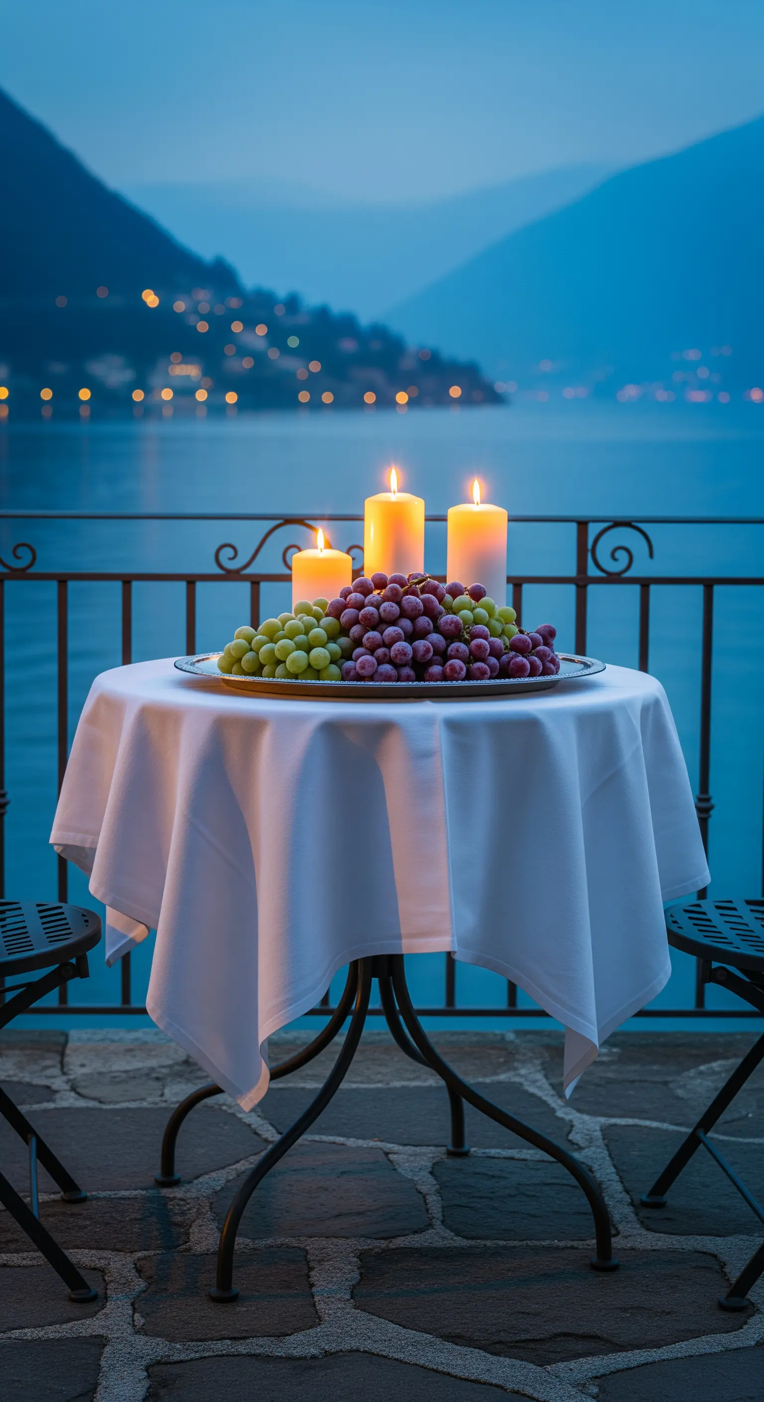 Balkontisch mit Trauben und Kerzen am Seeufer in der Dämmerung
