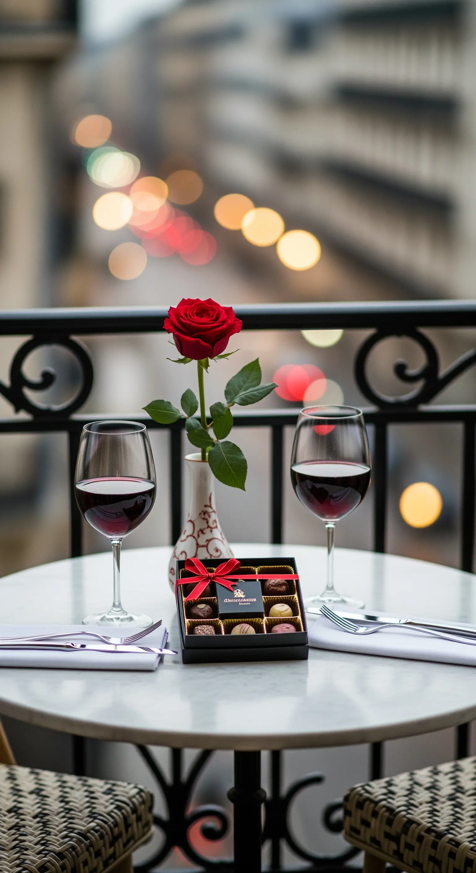 Romantischer Balkontisch mit einer roten Rose, Weingläsern und Pralinen, Stadtansicht