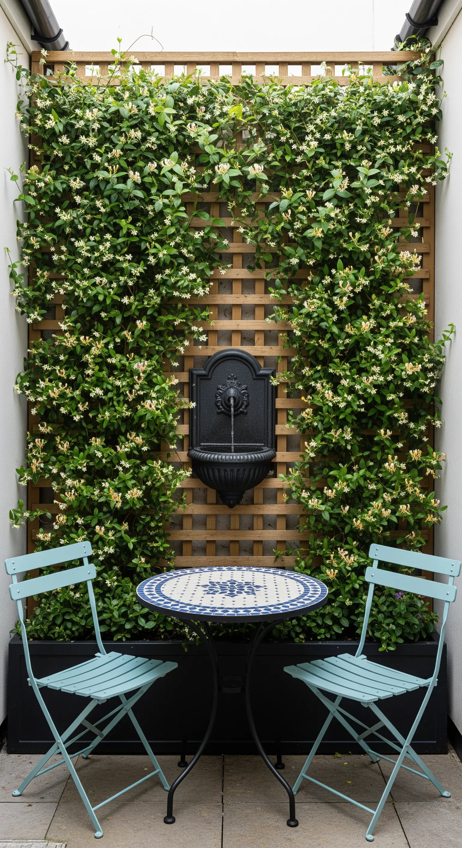 Hof mit Wandbrunnen, Geißblatt-Ranken und Mosaik-Bistro-Set