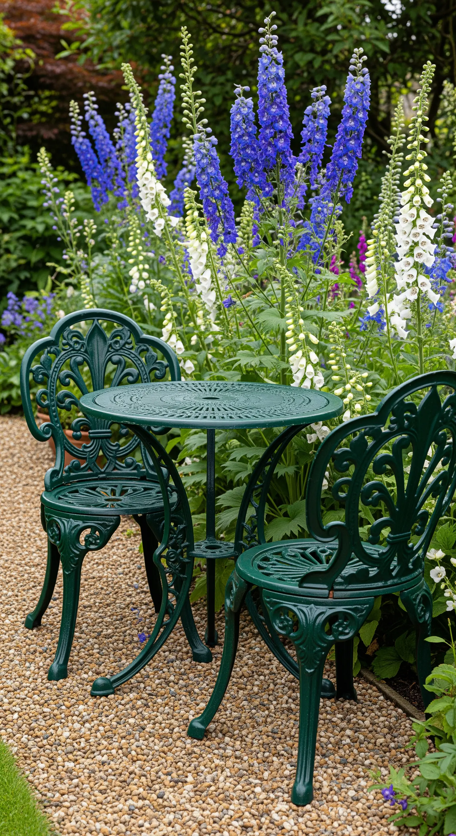 Gusseiserne grüne Bistro-Garnitur umgeben von hohen blauen und weißen Blumen