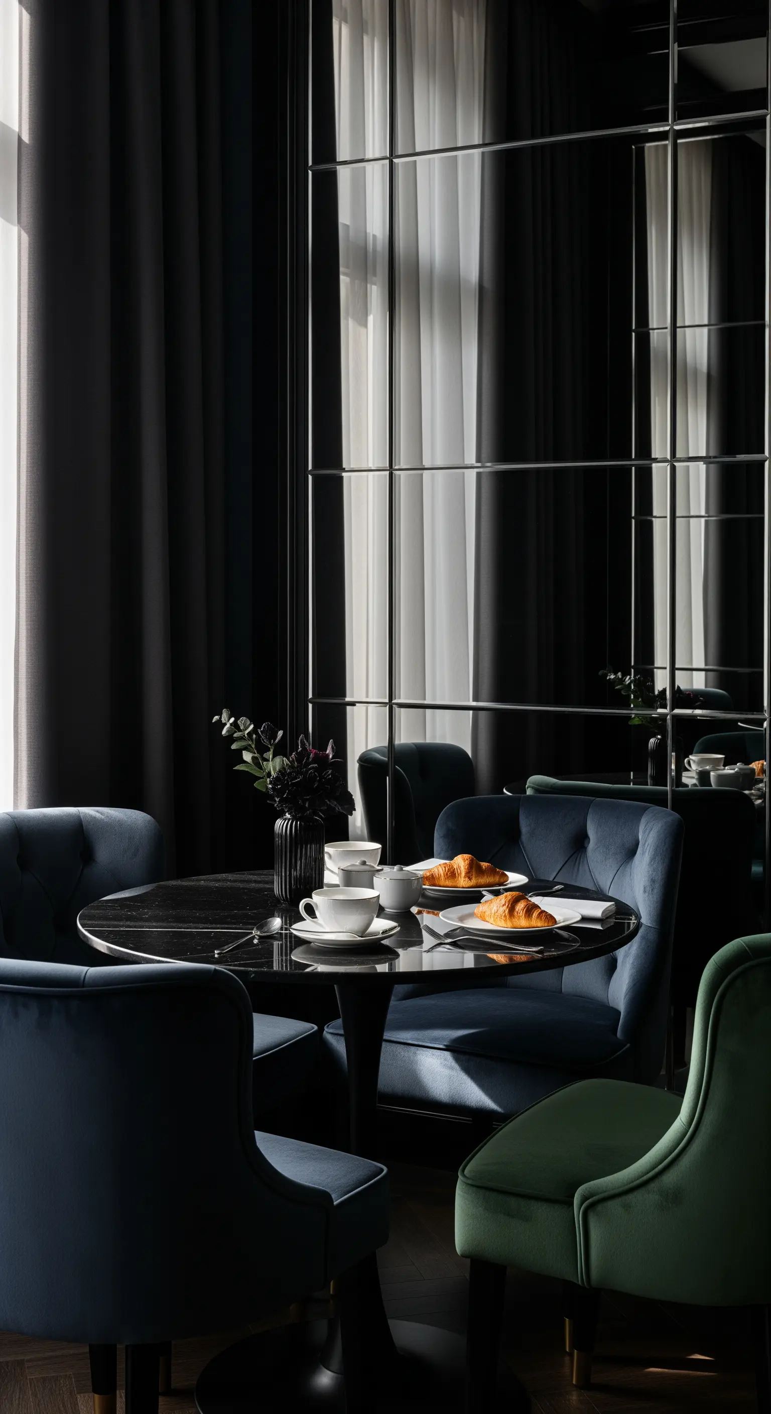 Runder Essbereich mit Marmortisch, Samtstühlen und Spiegelwand