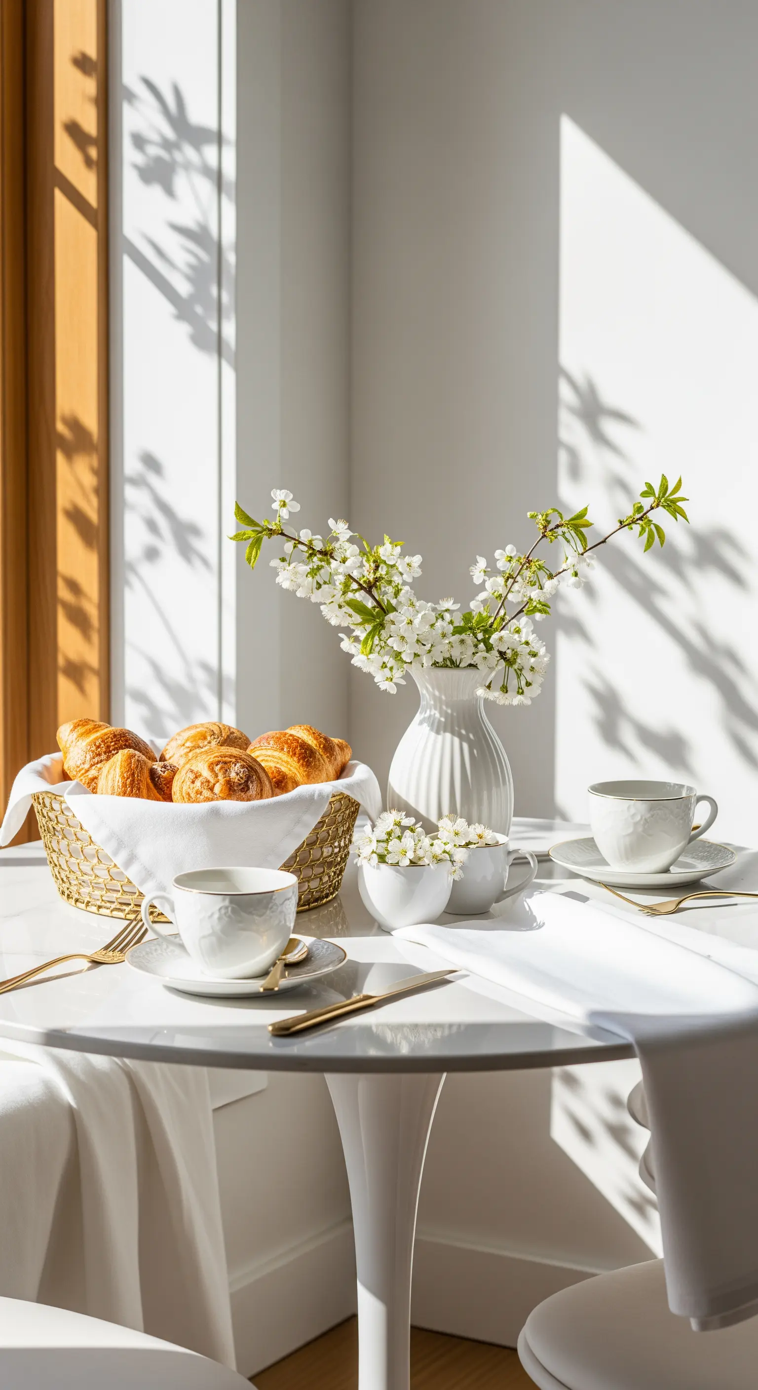 Gemütlicher Oster-Frühstückstisch mit Kirschblüten und Goldkorb