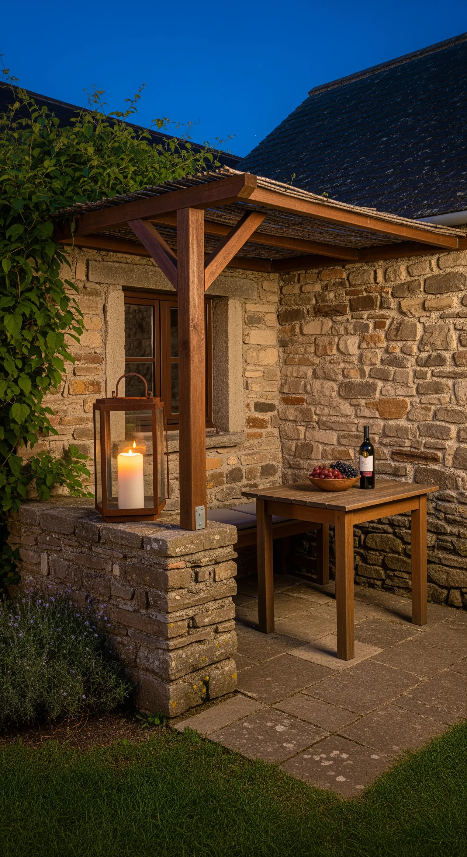 Patio, Steinmauer, Holzpergola, Laterne, Weintrauben, Wein