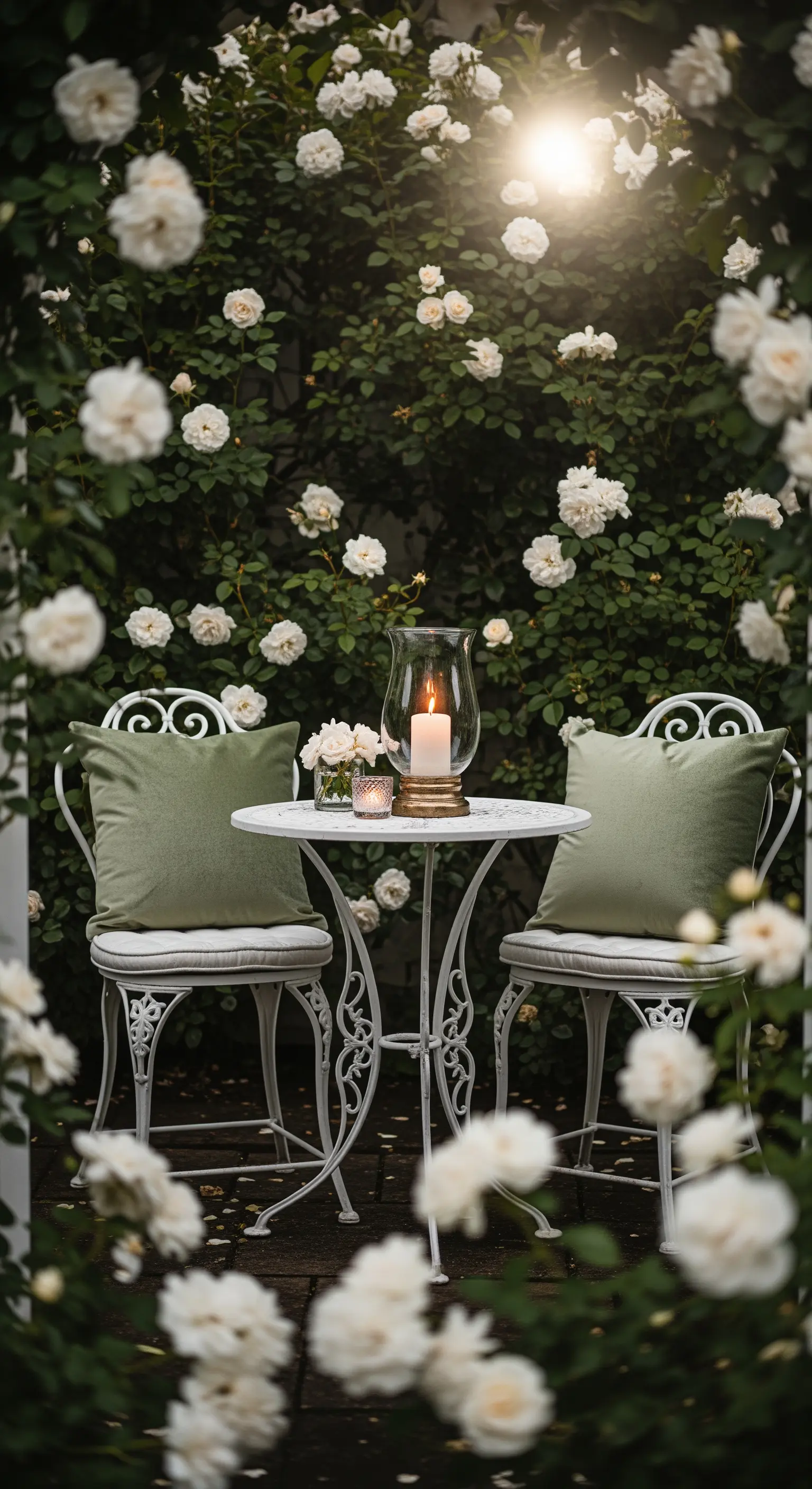 Weißes Bistro-Set mit grünen Kissen in weißen Rosen, mit Kerzenlaterne.