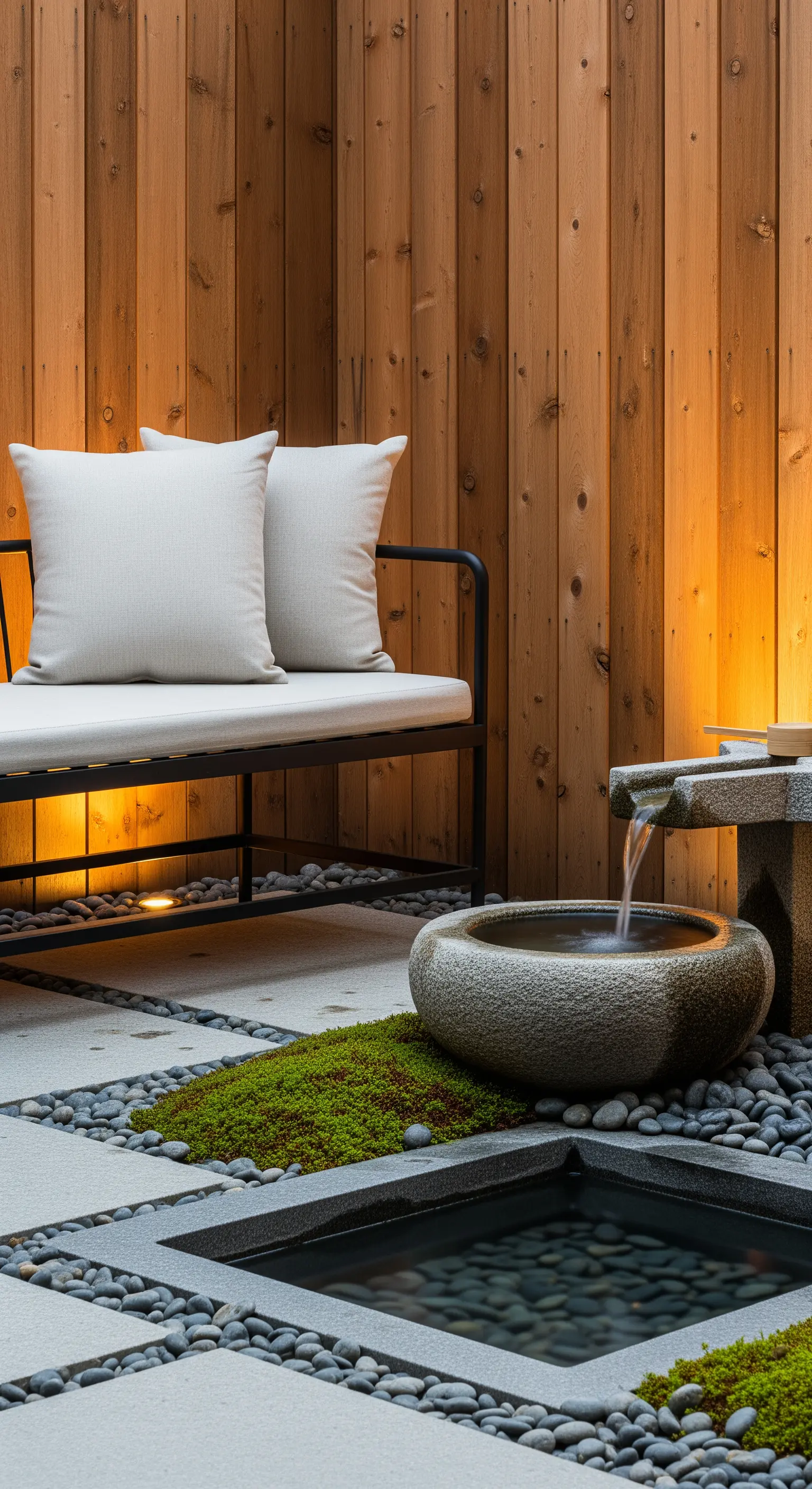Gemütliche Japandi Sitzecke mit Holzverkleidung, Steinbrunnen und stimmungsvollem Licht