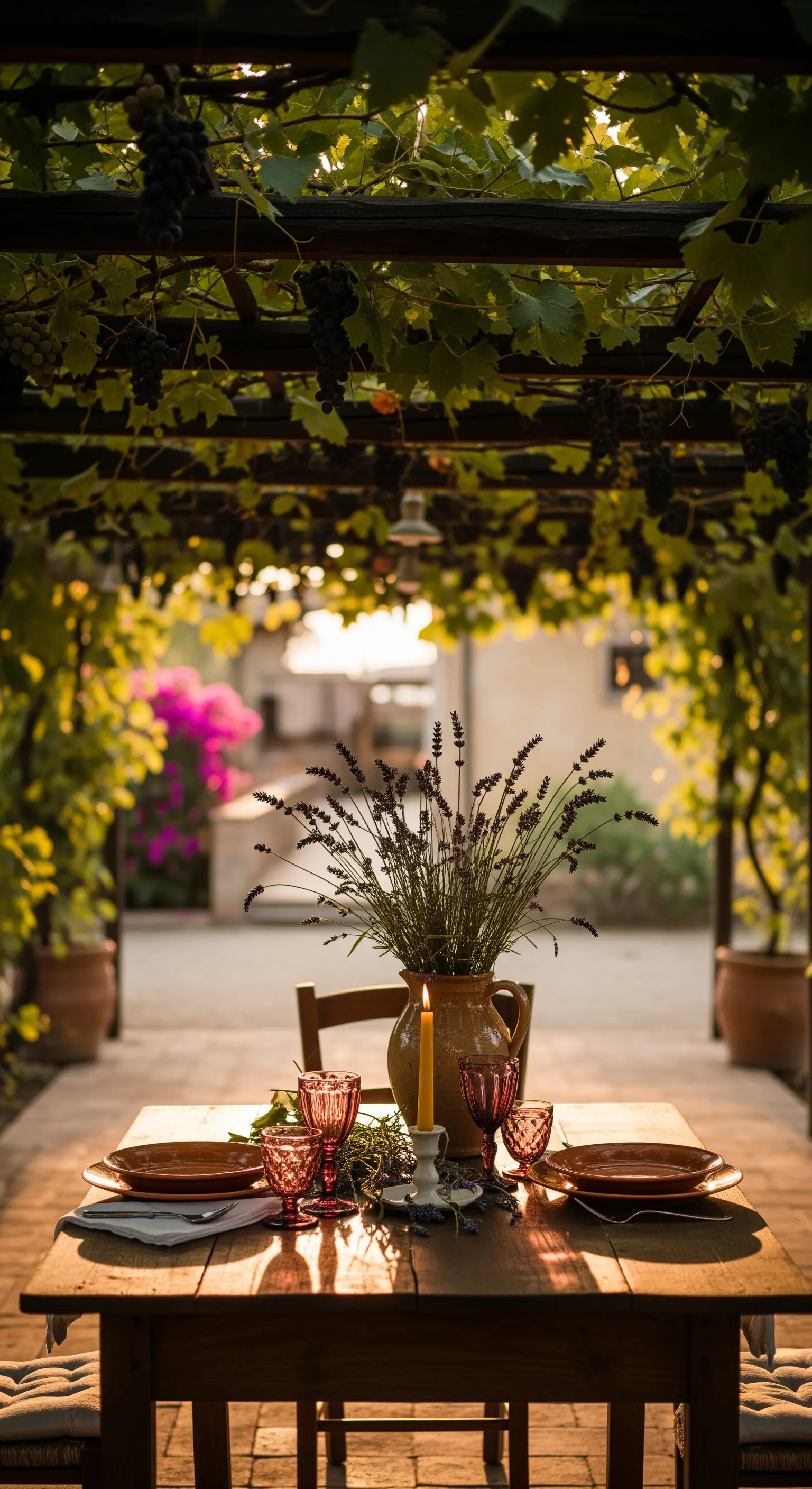 Gemütlicher Tisch unter Weinpergola mit Lavendel, Kerze und roten Gläsern