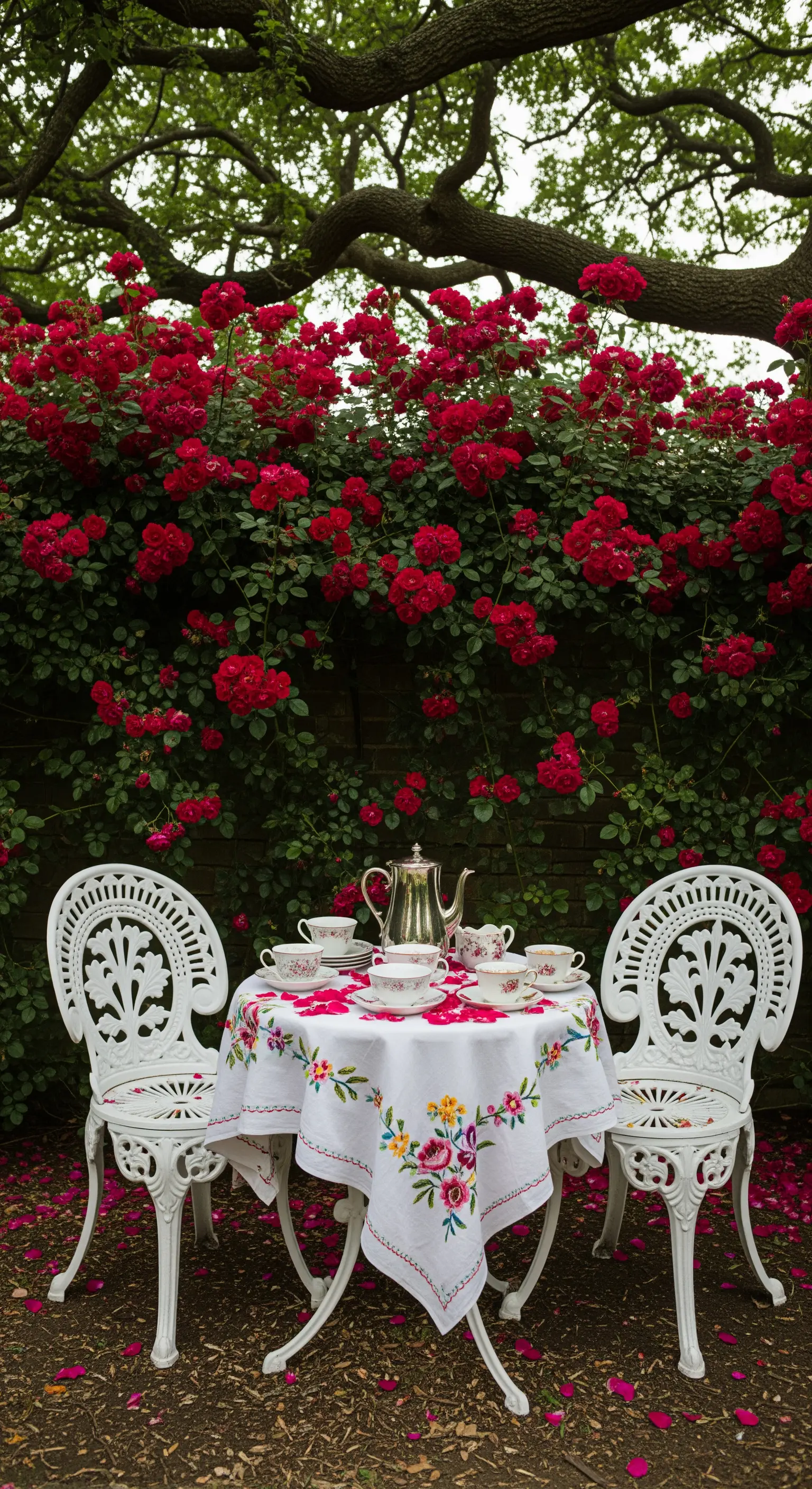 Bistrotisch mit Teegeschirr vor roter Rosenmauer, bestickte Tischdecke