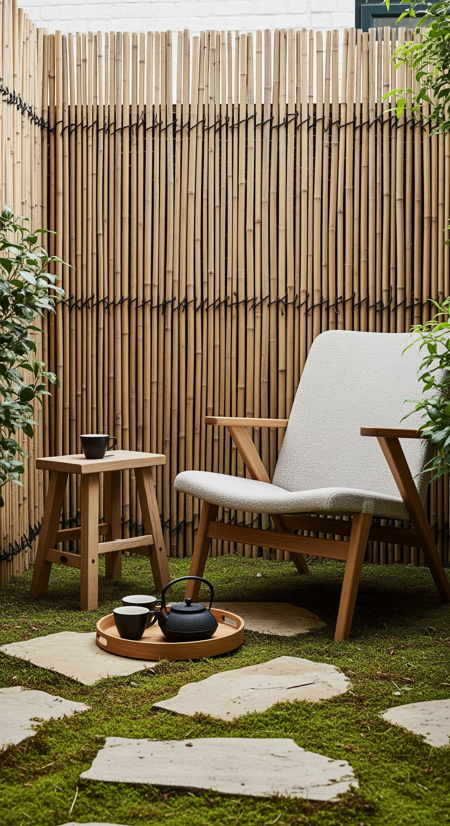 Japandi Teeplatz mit Bambuszaun und Moospfad