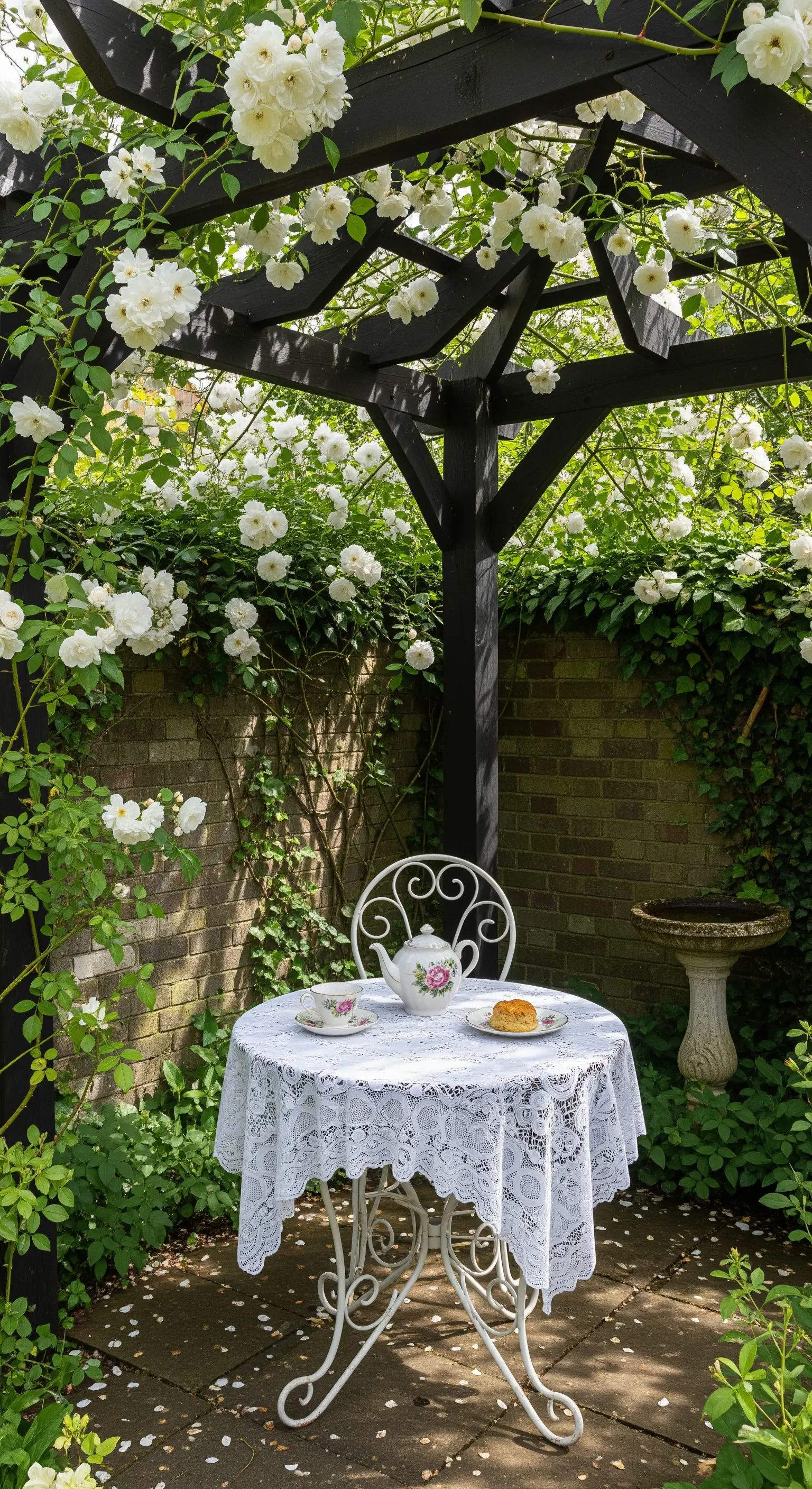 Schwarze Pergola mit weißen Kletterrosen, Bistro-Set mit Spitzendecke für eine Teestunde
