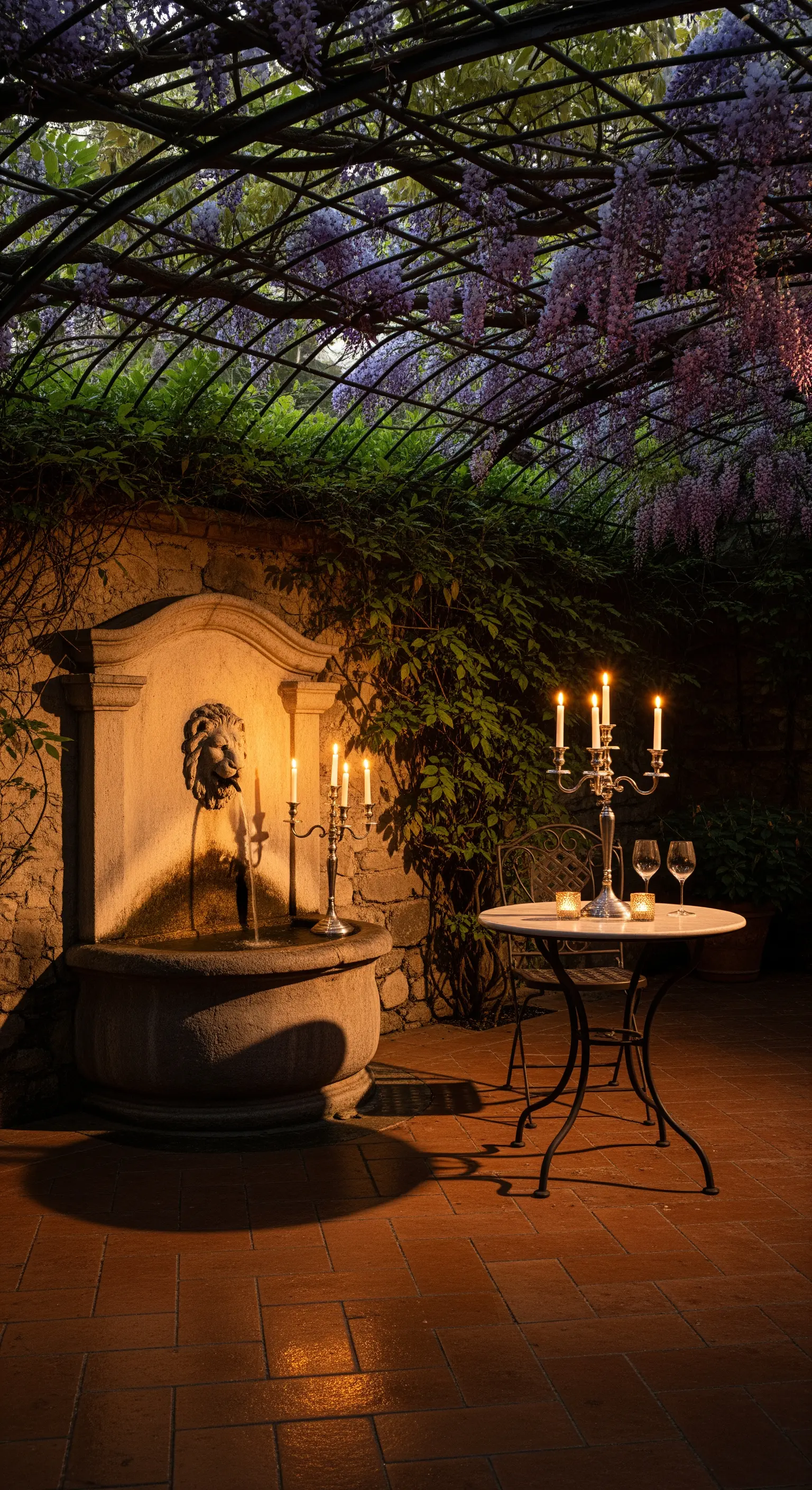 Glyzinien-Pergola, Löwenkopf-Brunnen, Kerzenleuchter, Bistrotisch