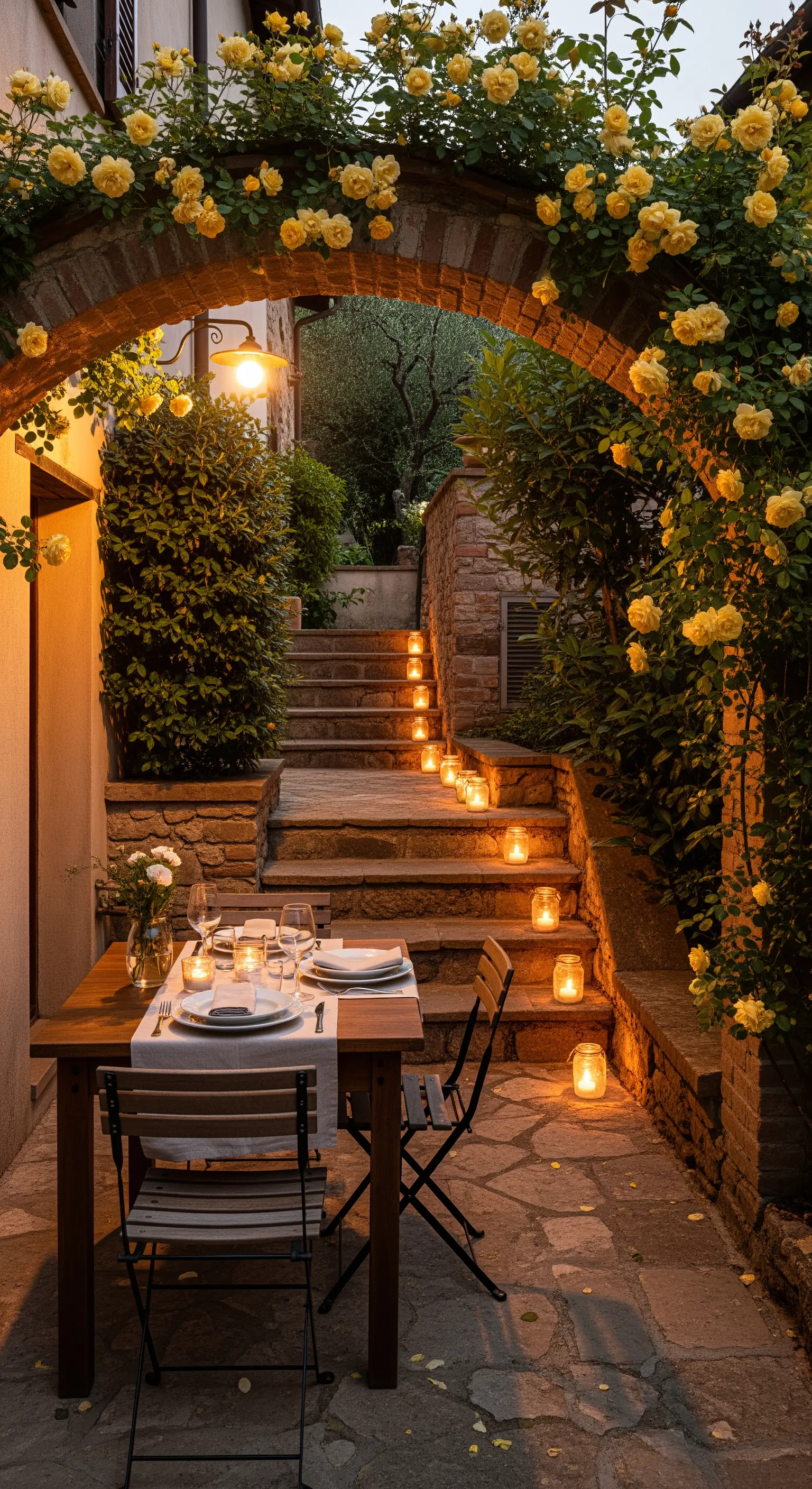 Abendessen für zwei mit gelben Rosen und Kerzenlicht auf einer Steintreppe