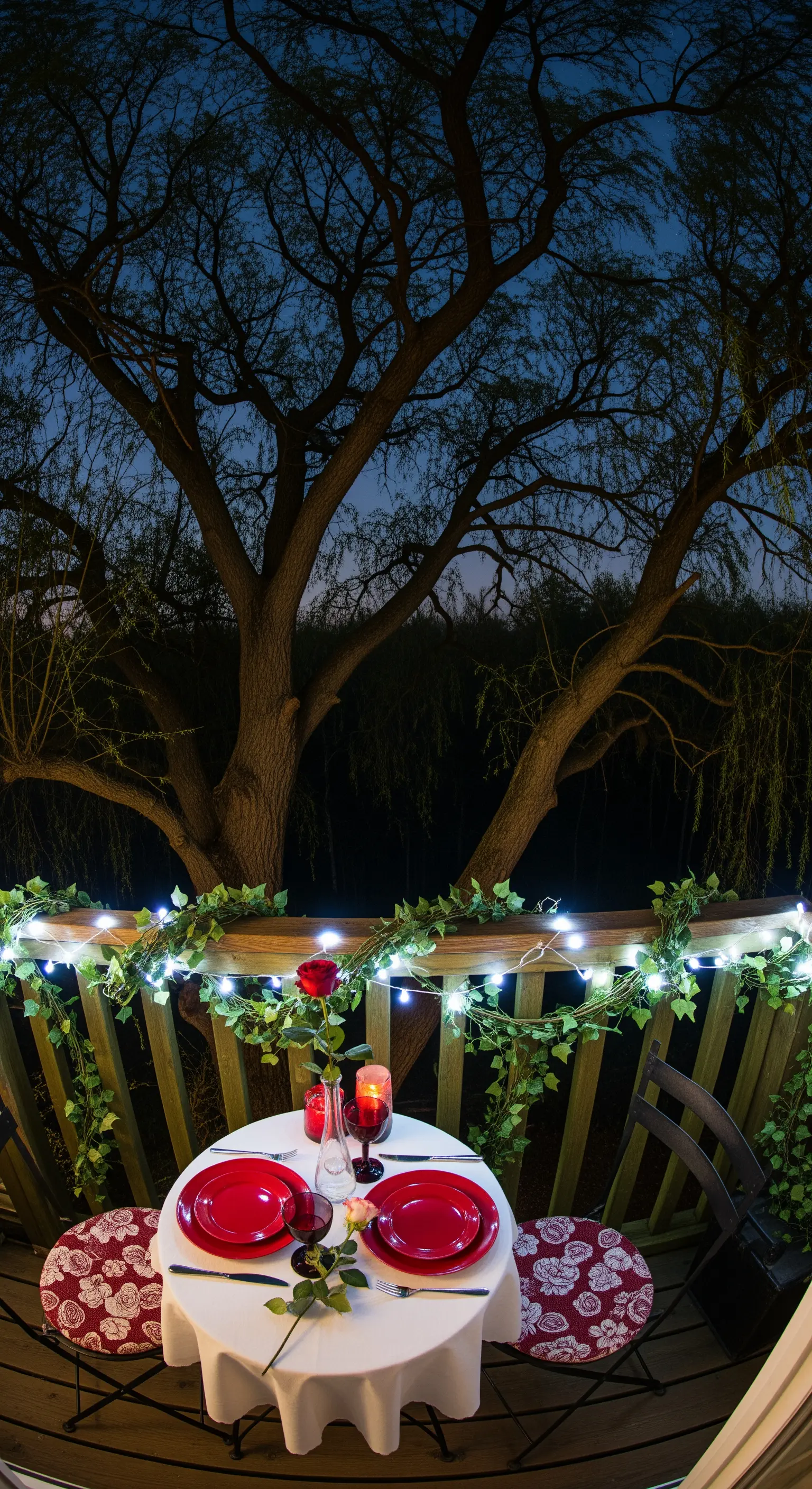 Kleiner Balkon mit Bistrotisch, Lichterkette am Geländer und roter Deko.