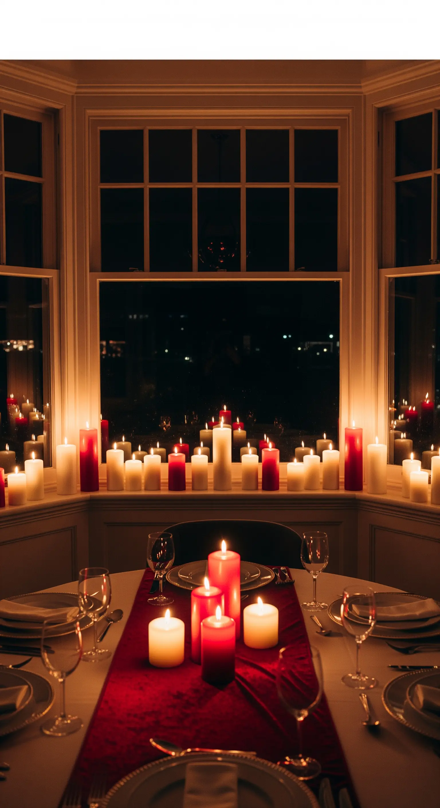 Esstisch im Erkerfenster mit Kerzen auf der Fensterbank und rotem Läufer