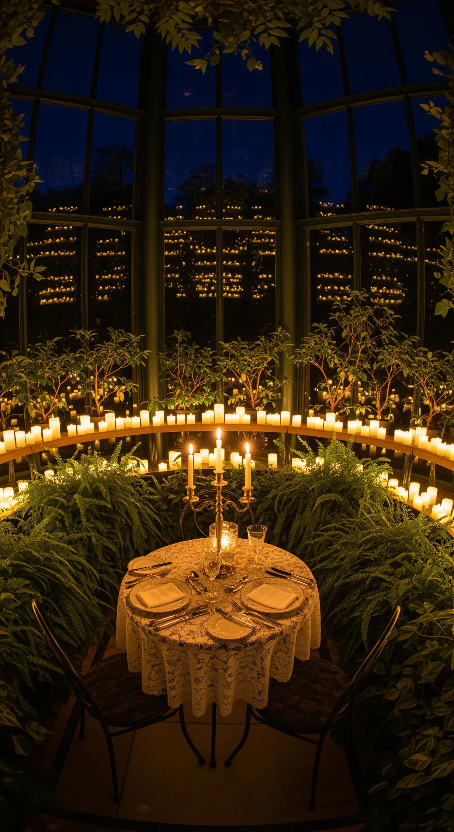 Gewächshaus mit unzähligen Kerzen und einem intimen Esstisch für zwei