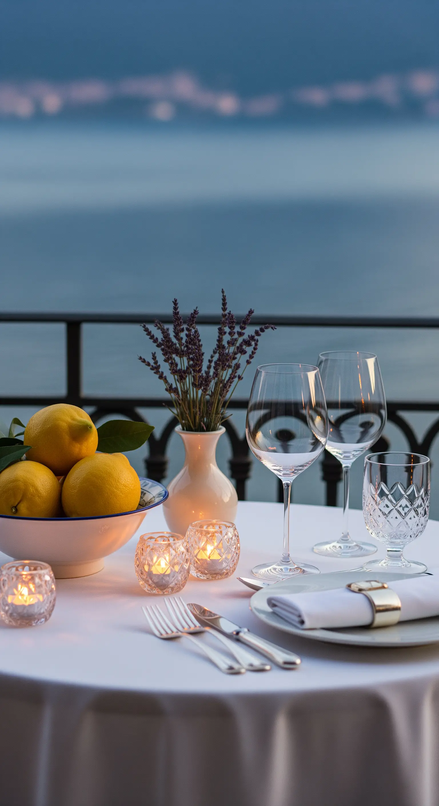 Kleiner Tisch am Meer mit Zitronen, Lavendel und Kristall-Teelichtern