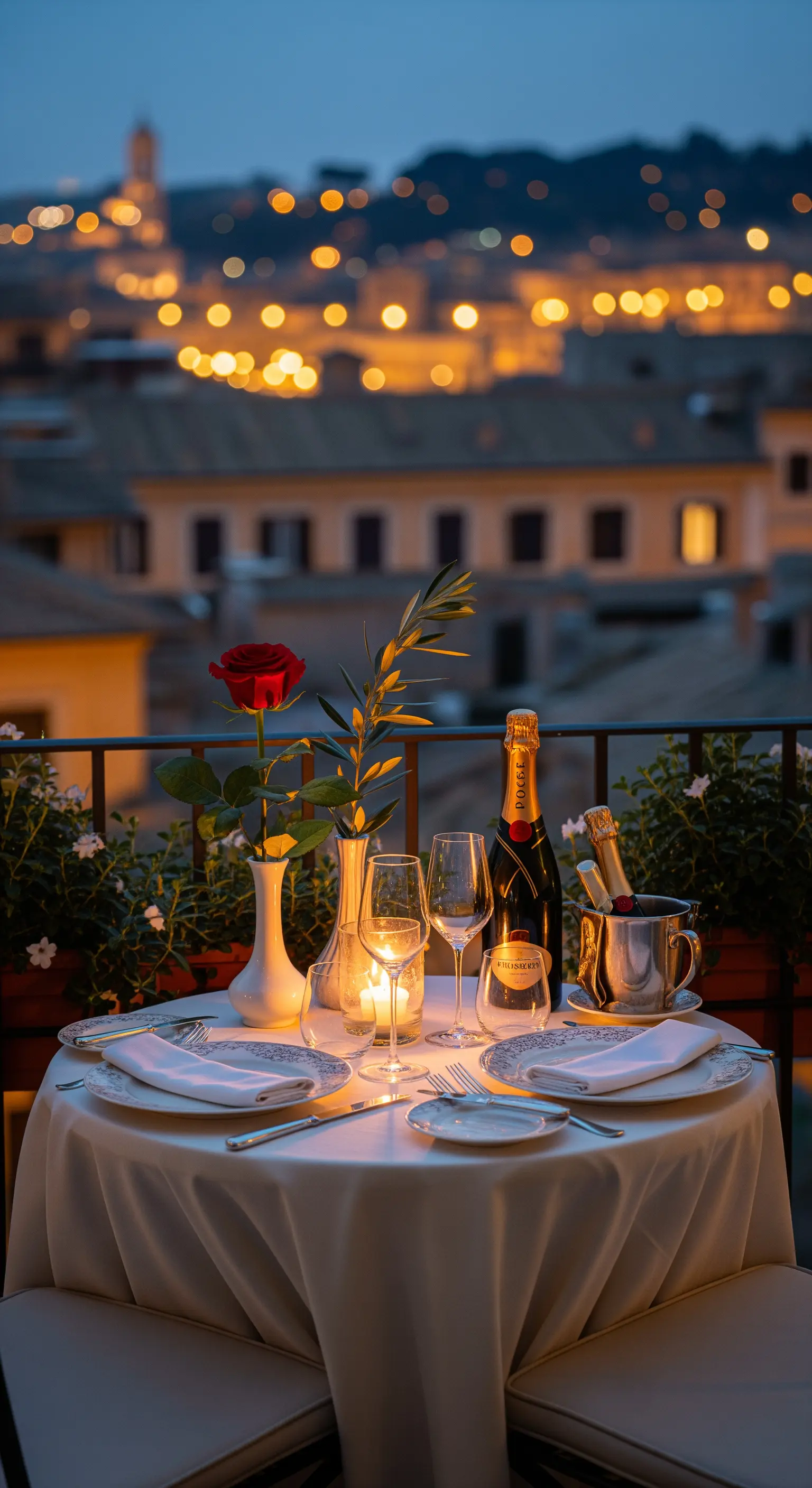 Kleiner romantischer Tisch für zwei mit einer einzelnen Rose und Kerzenlicht auf einem Balkon