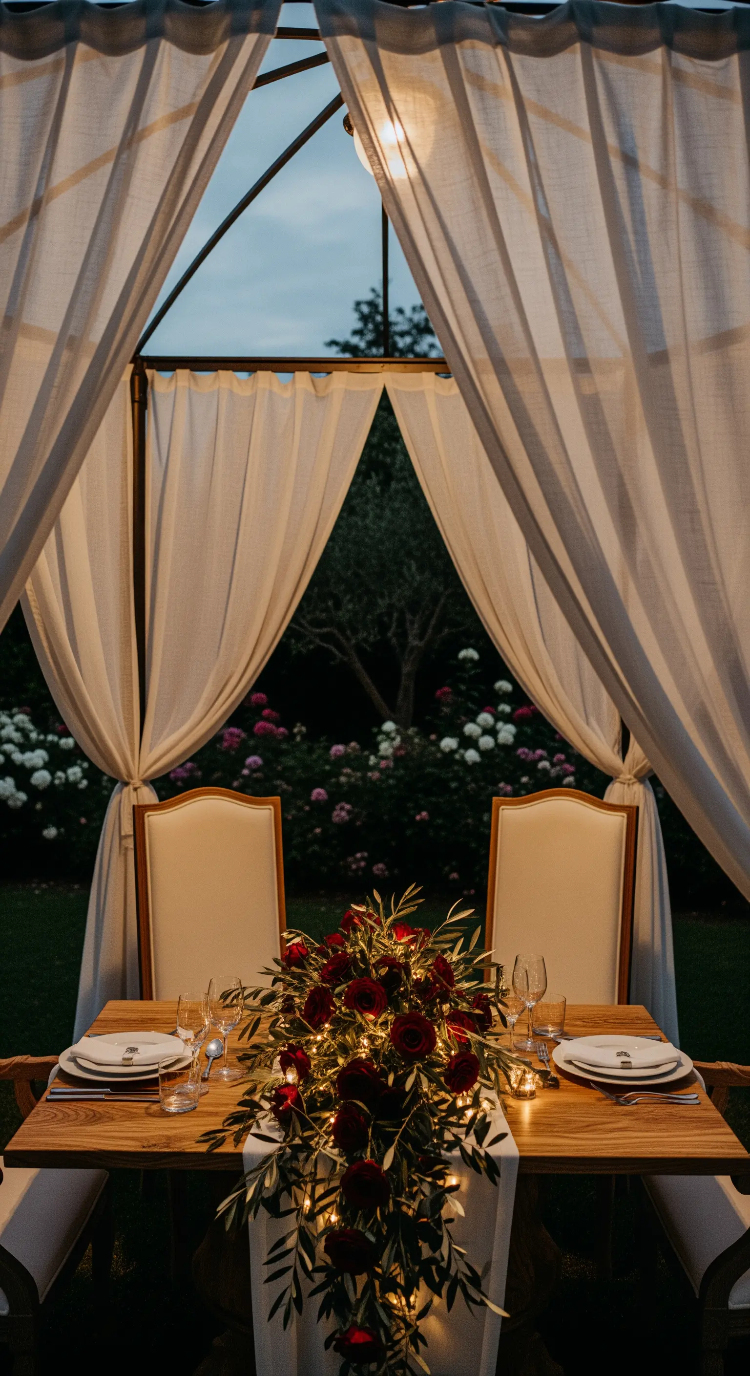 Intimer Esstisch unter einem Zelt mit roten Rosen, Olivenzweigen und Lichterketten