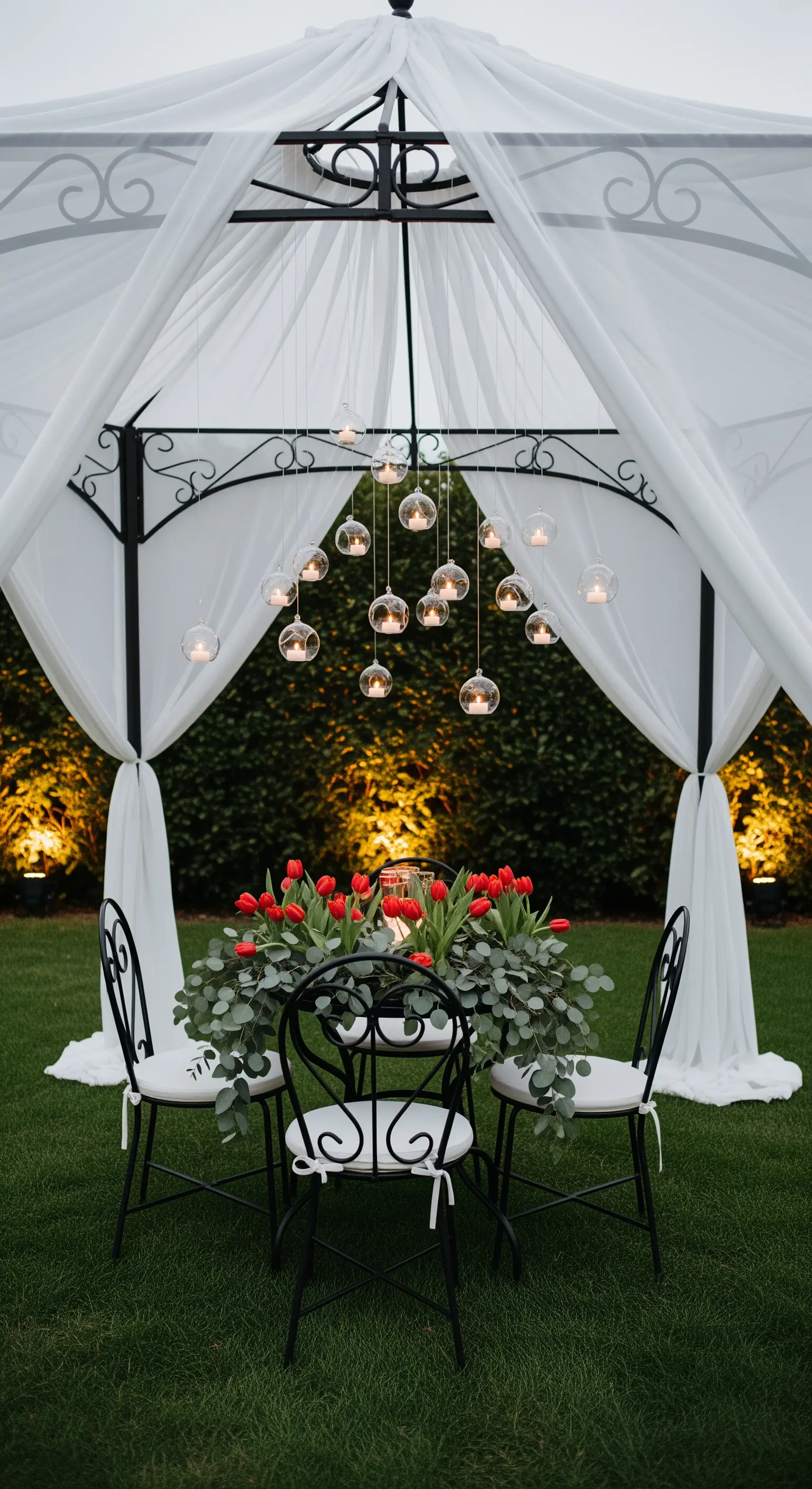 Romantischer Baldachin-Sitzplatz mit schwebenden Lichtern und Blumendekoration im Garten.
