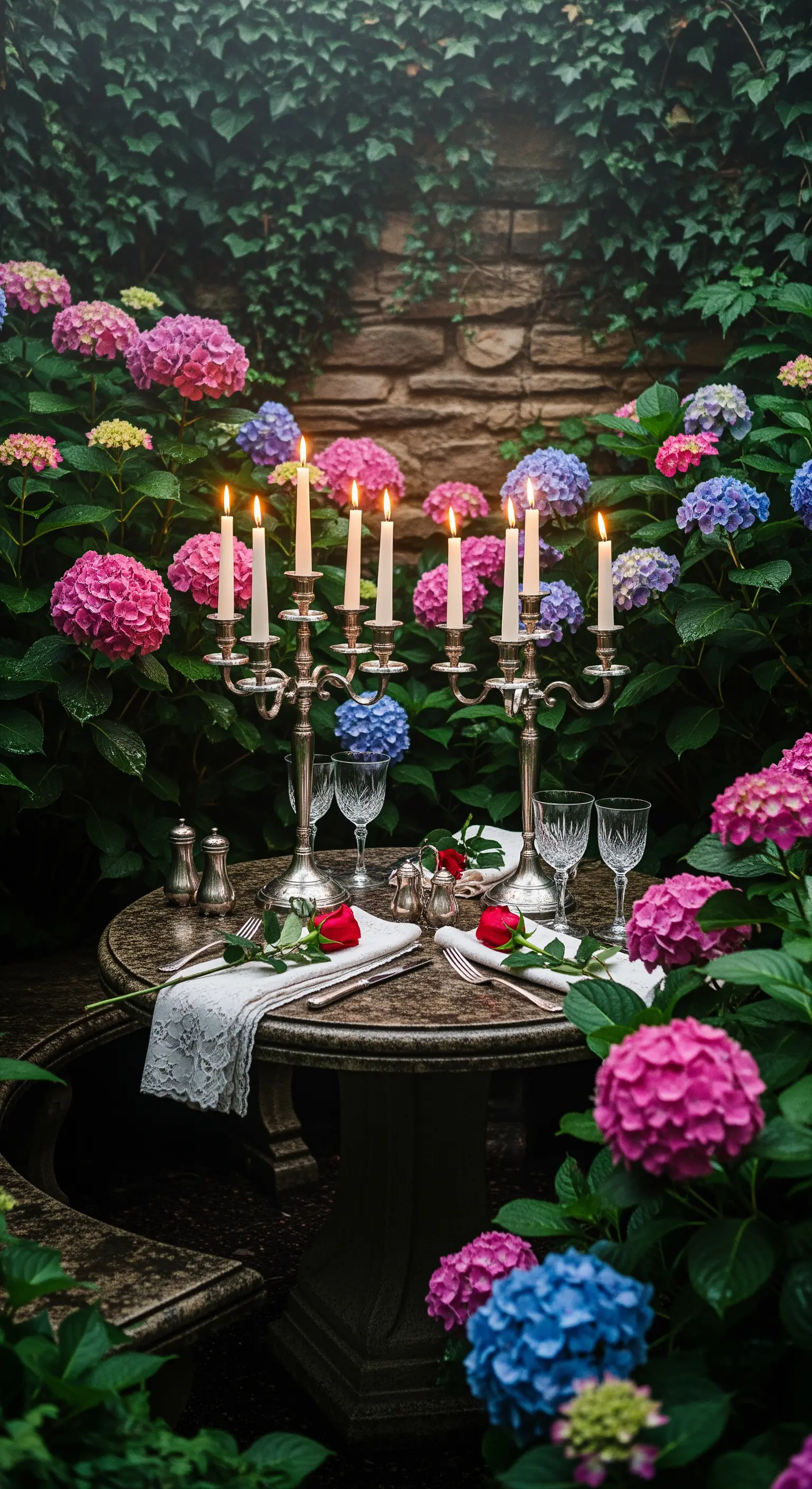 Kleiner Tisch im Hortensienbeet mit Kerzenleuchter und Rosen